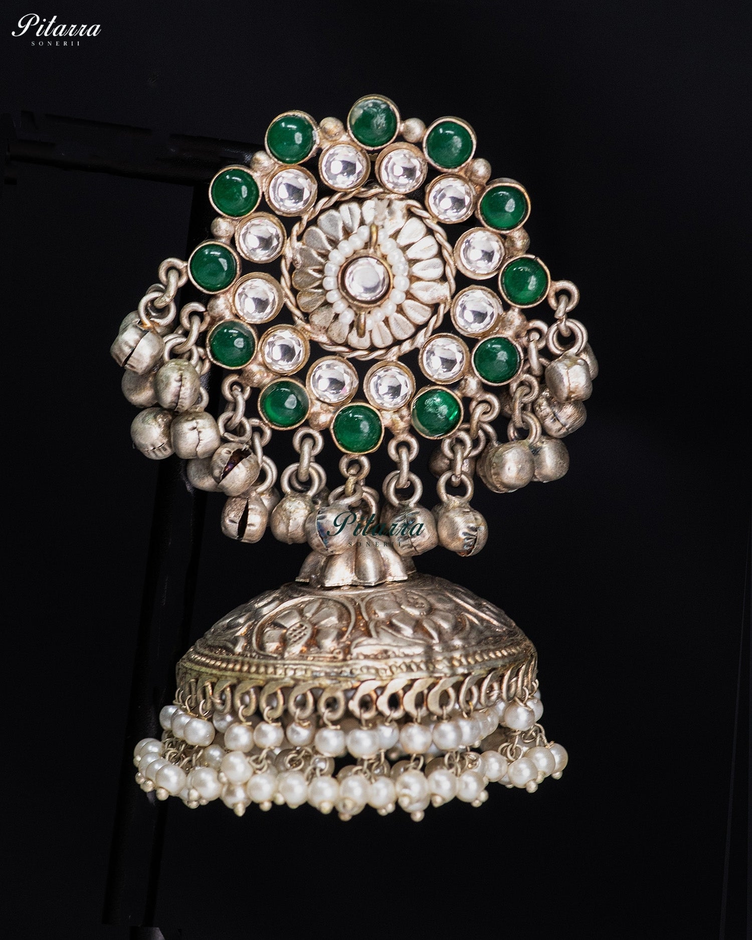 Green Stone & Pearl Silver Look-Alike Jhumka Earrings