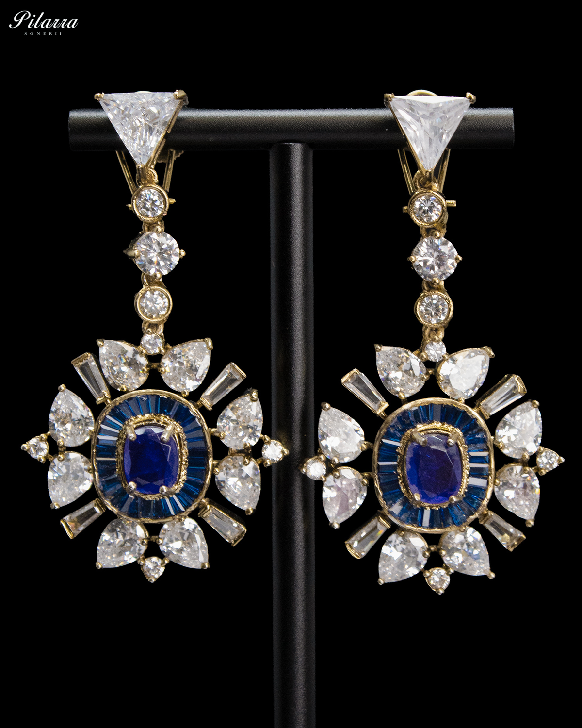 Royal Blue Oval Kundan Sunburst Design Drop Earrings