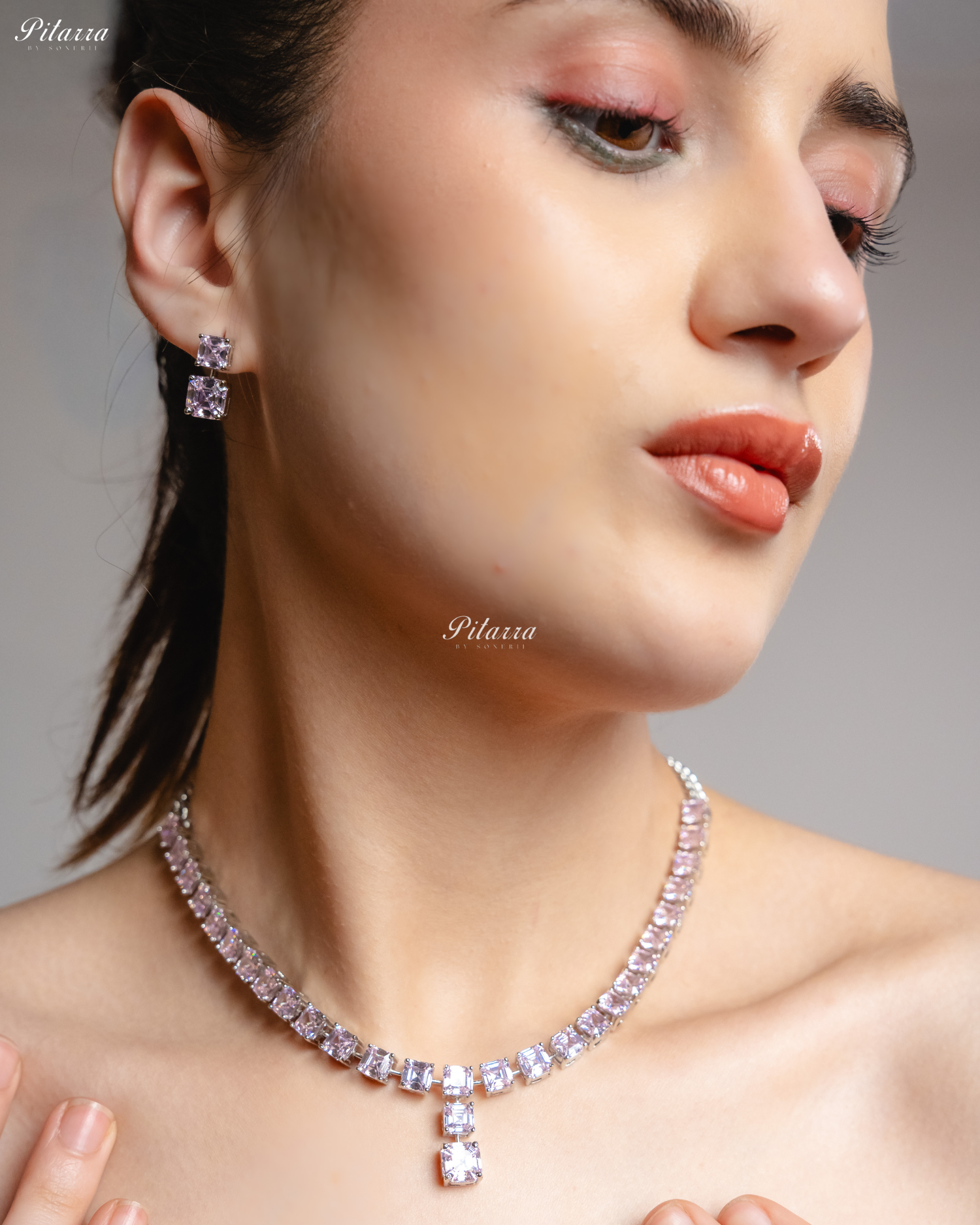 Pink Tone One Layer Square Drop Statement Necklace Set