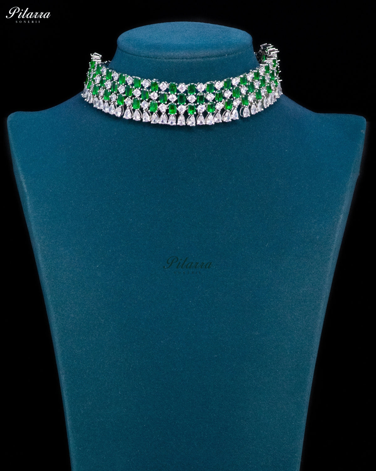 Emerald Green Emerald Cut Stone Zircon Silver Crystal Choker Necklace Set