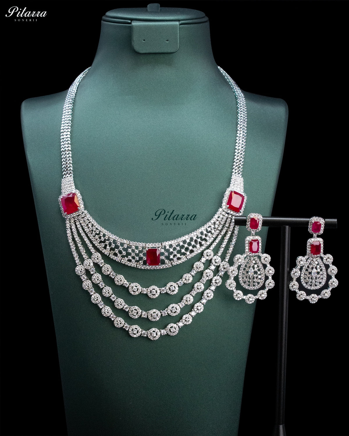 Ruby Red Rectangular Stone Zircon Silver Multi Layer Crystal Necklace Set
