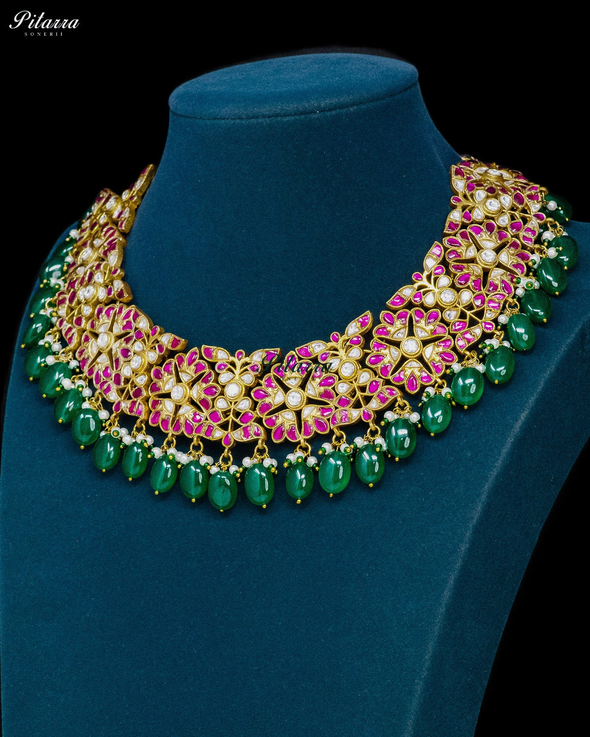 Pink Floral Green Bead Kundan Necklace Set