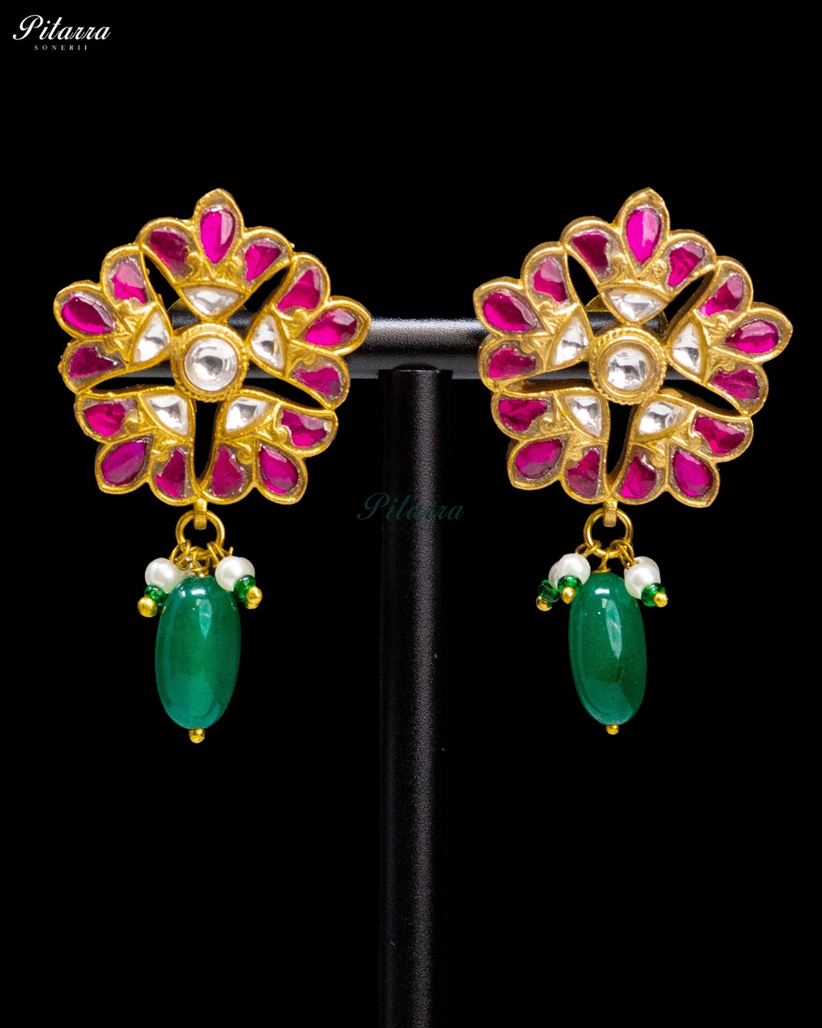 Pink Floral Green Bead Kundan Necklace Set