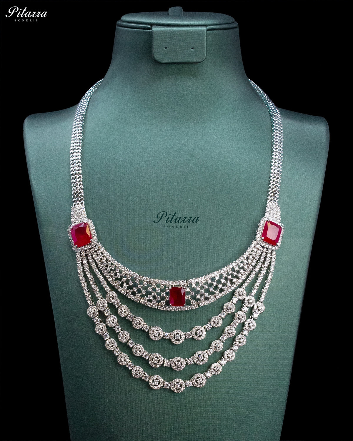Ruby Red Rectangular Stone Zircon Silver Multi Layer Crystal Necklace Set