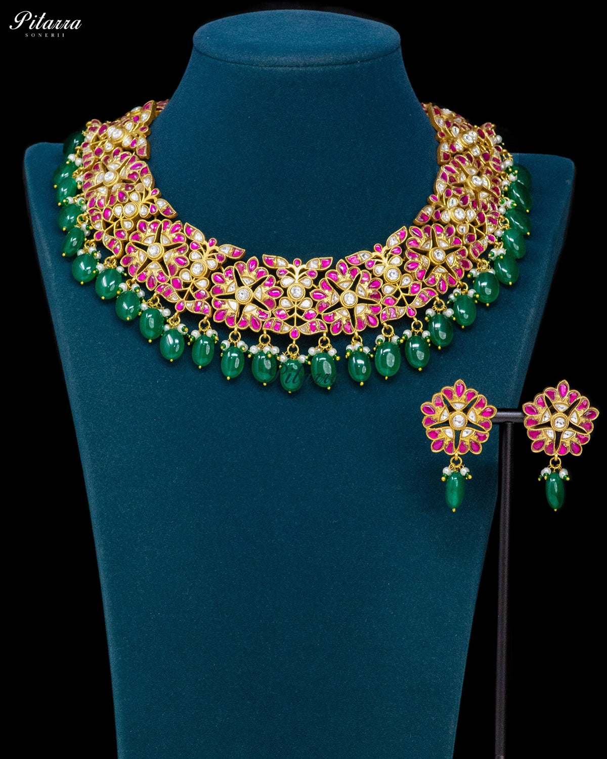 Pink Floral Green Bead Kundan Necklace Set