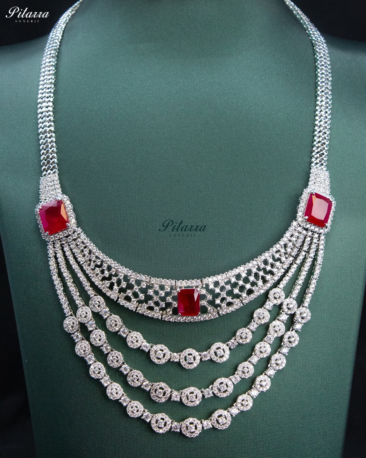 Ruby Red Rectangular Stone Zircon Silver Multi Layer Crystal Necklace Set