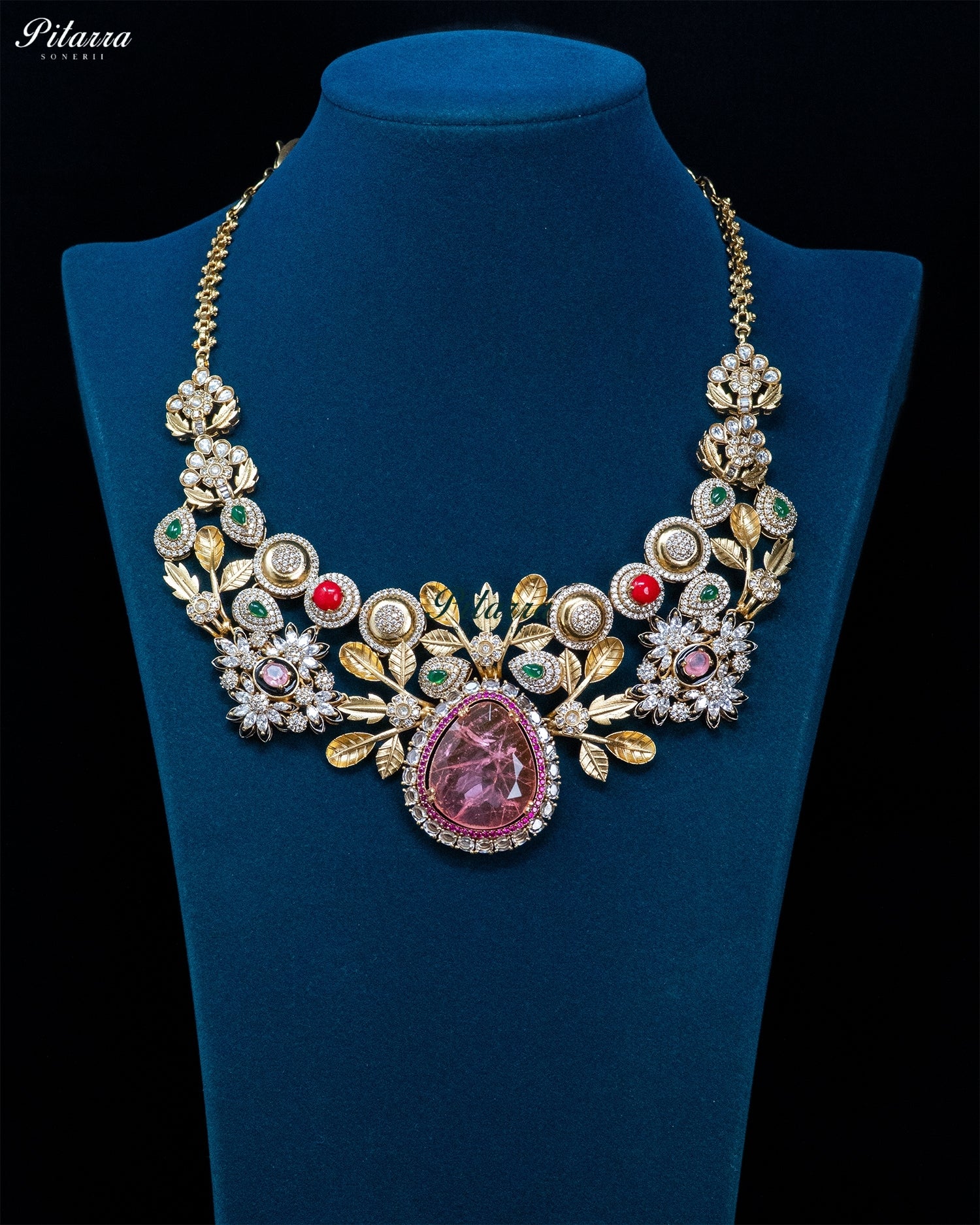 Pink Teardrop Floral Kundan Necklace Set