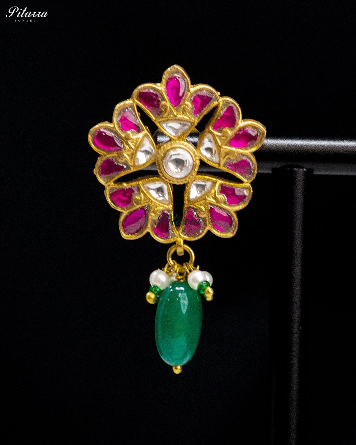 Pink Floral Green Bead Kundan Necklace Set