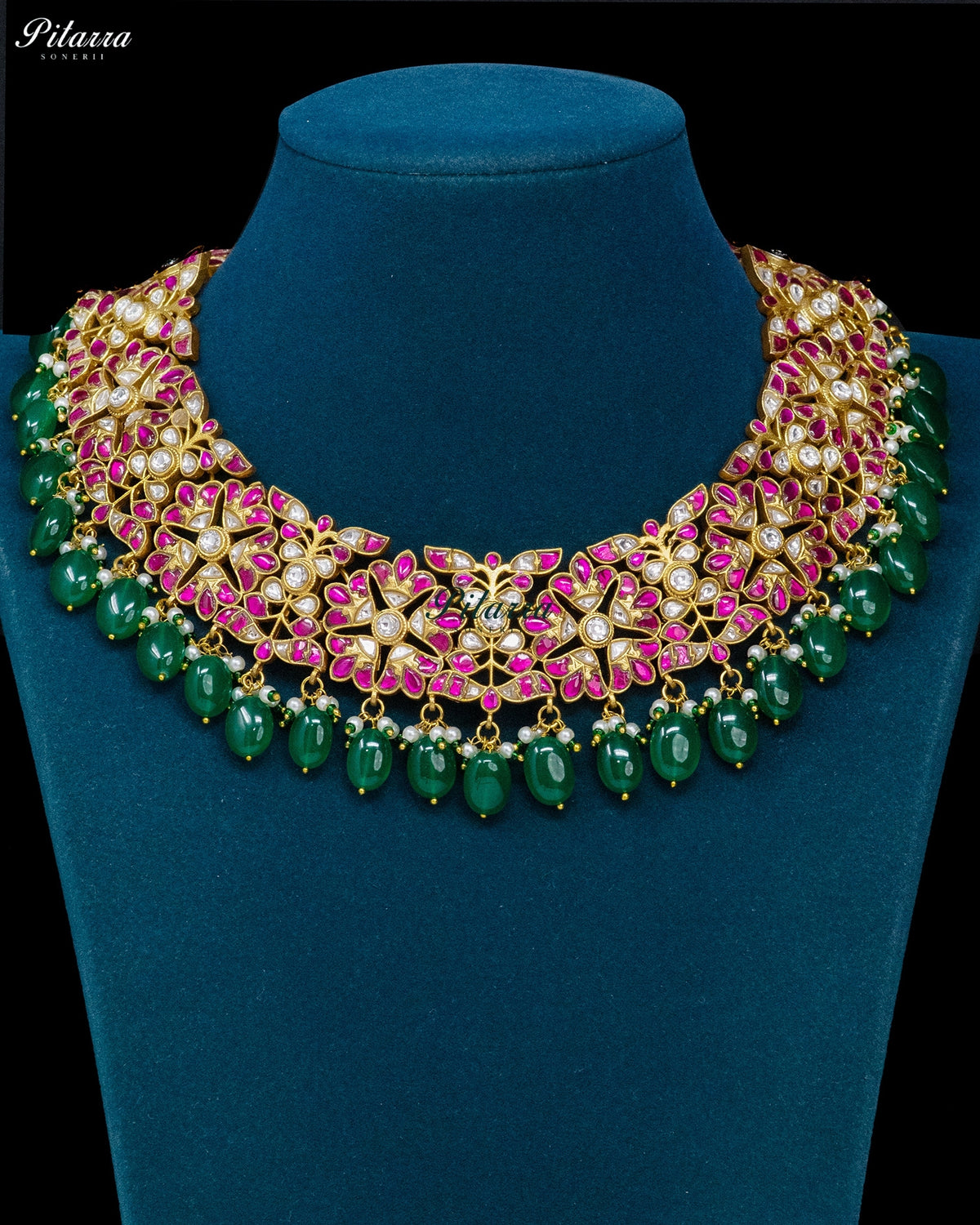 Pink Floral Green Bead Kundan Necklace Set