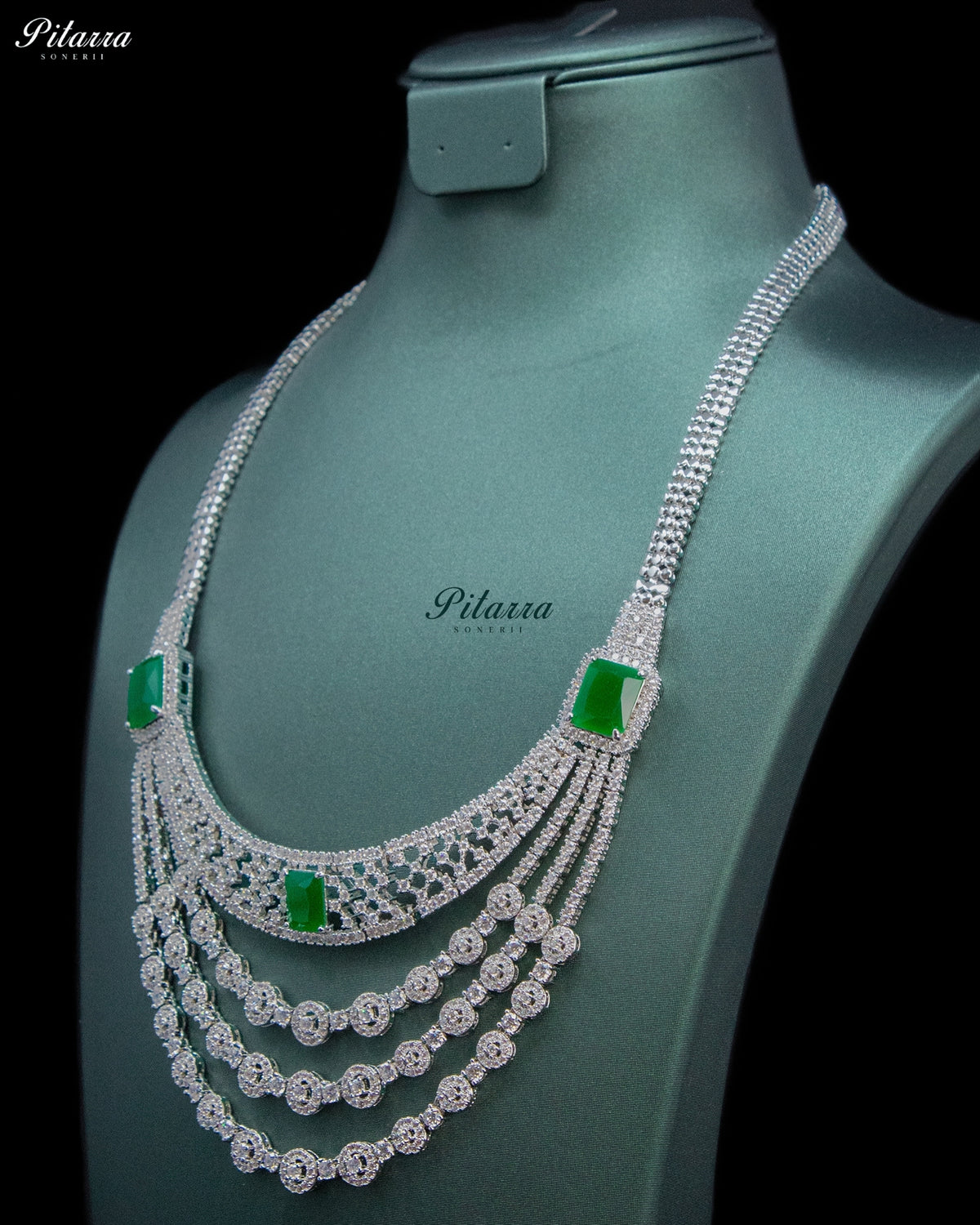 Emerald Green Multi-Layer Diamond Statement Necklace Set
