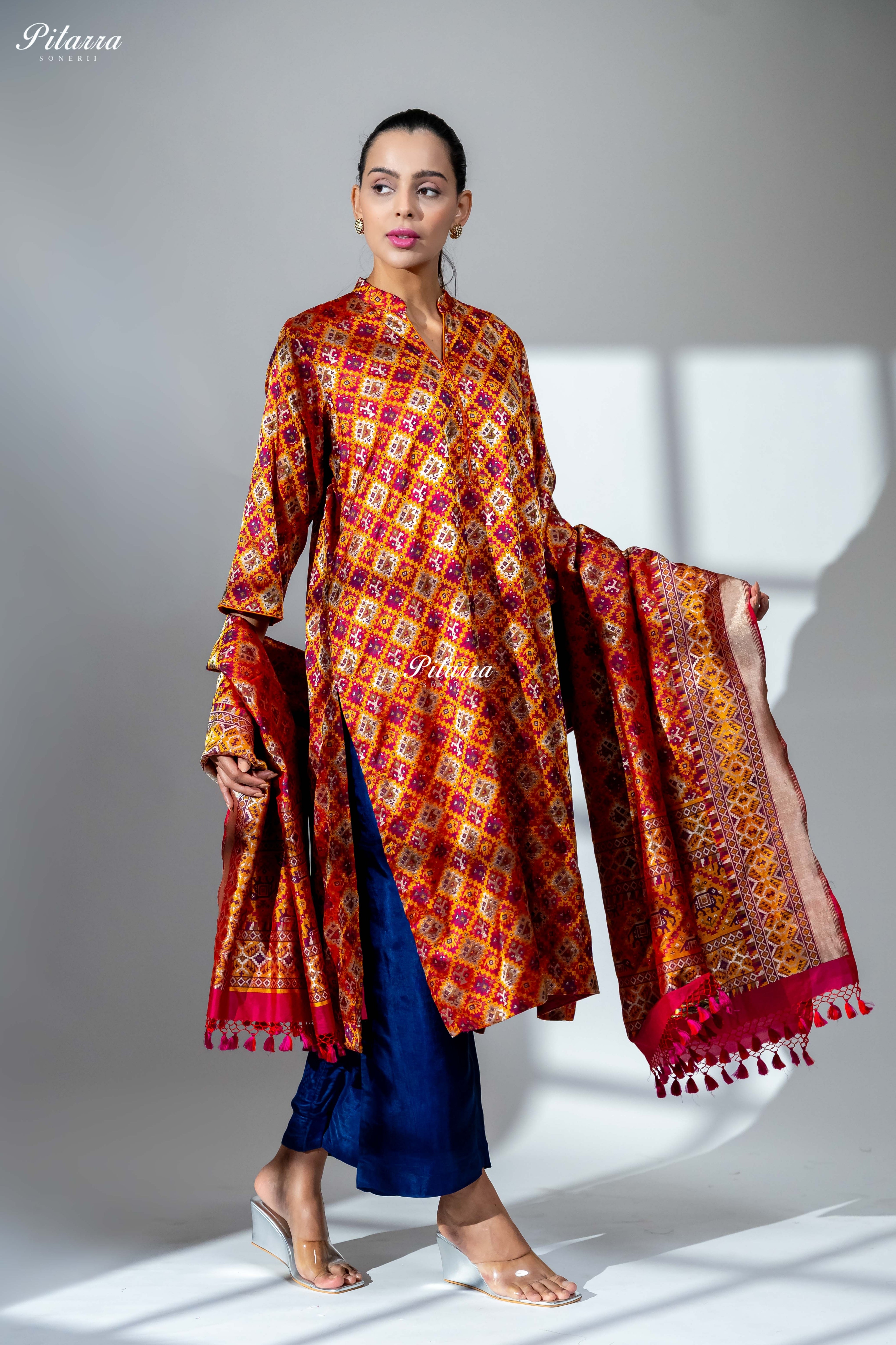 Rust Orange Printed Kurta Set with Blue Silk Pants With Dupatta