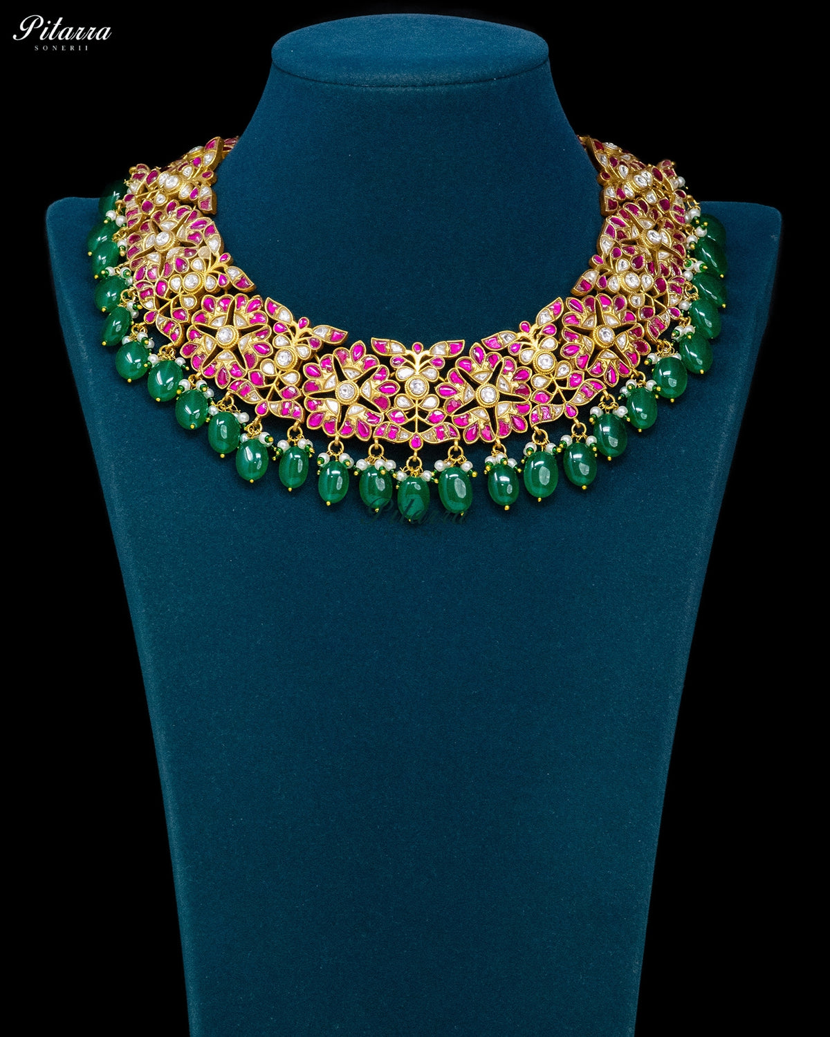 Pink Floral Green Bead Kundan Necklace Set