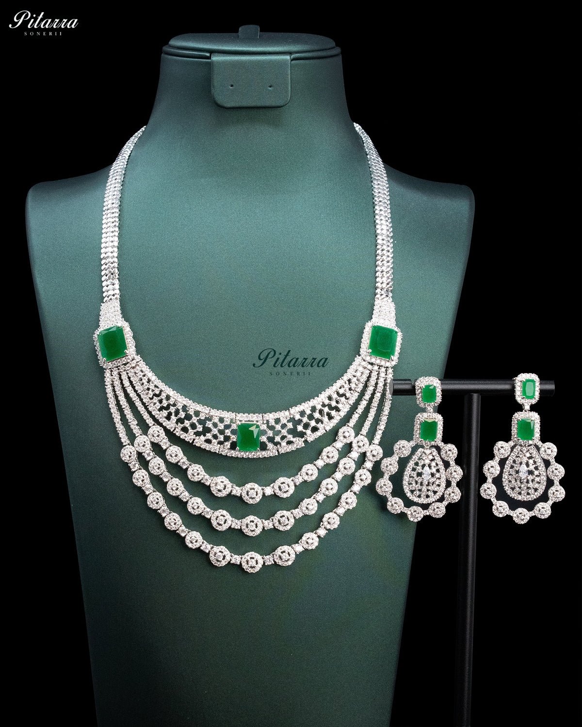 Emerald Green Multi-Layer Diamond Statement Necklace Set
