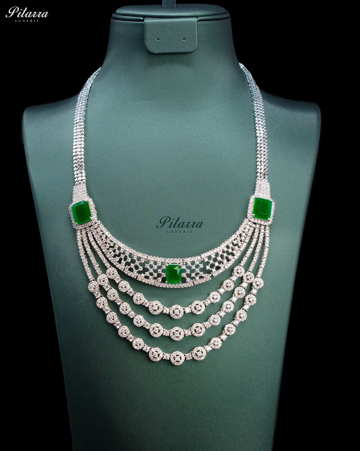 Emerald Green Multi-Layer Diamond Statement Necklace Set