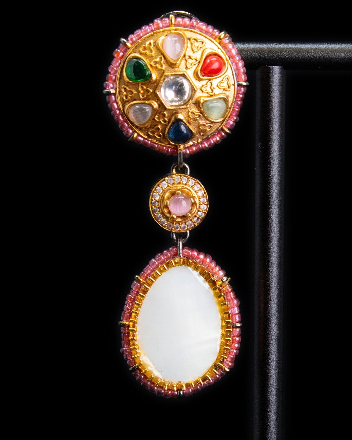 Royal Navratna Inspired Multicolor Kundan Gold Tone Dangler Earrings - Blush Pink