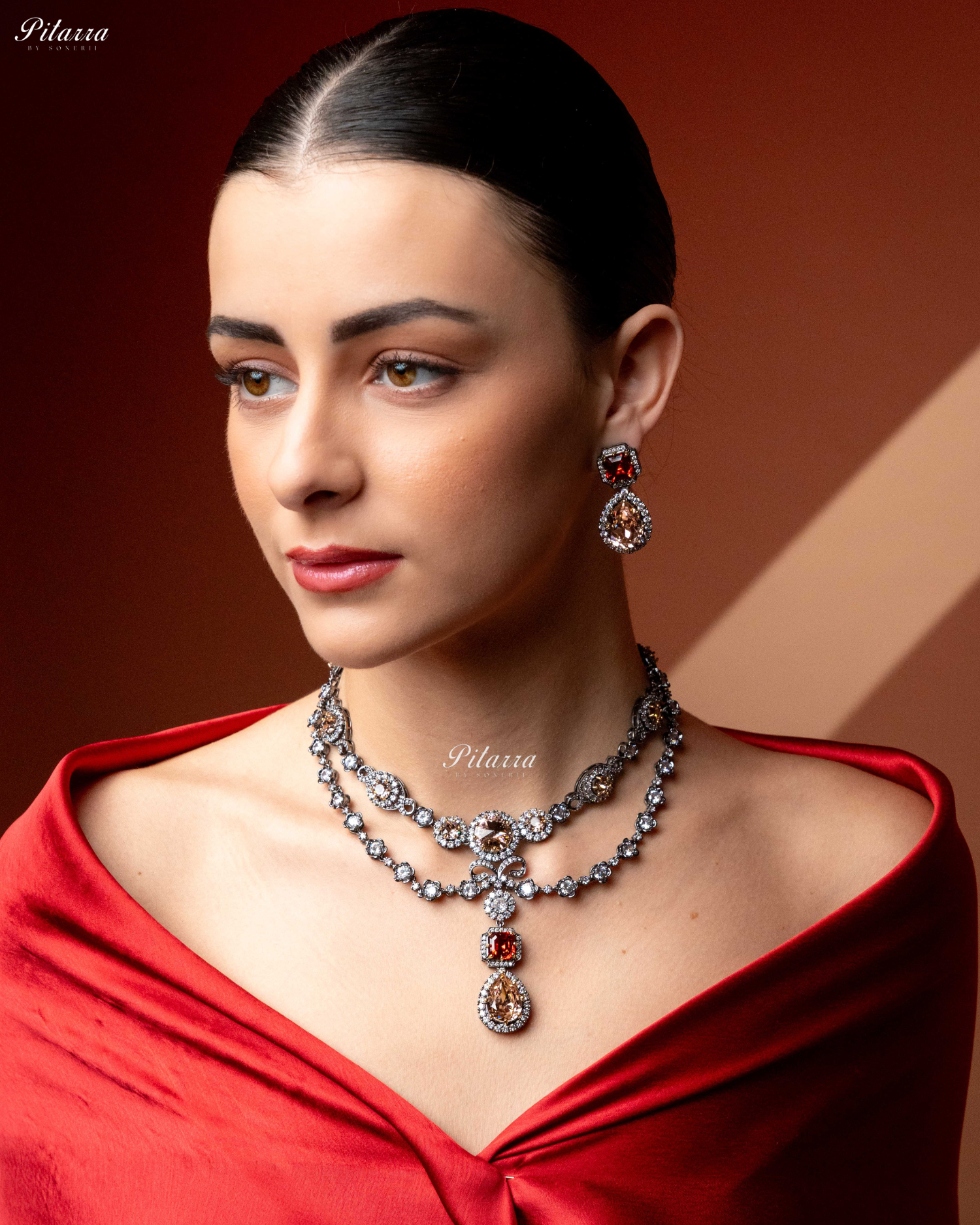 Multicolor Two Layer Silver CZ Victorian black polish Necklace Set