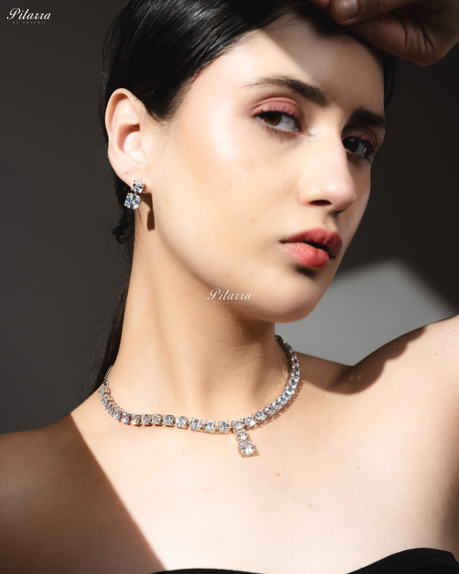 White Tone One Layer Square Drop Statement Necklace Set