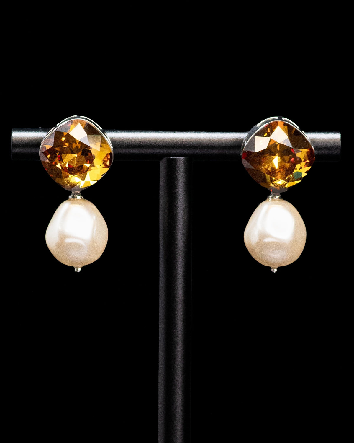 Dark Golden Amber Crystal Pearl Drop Earrings