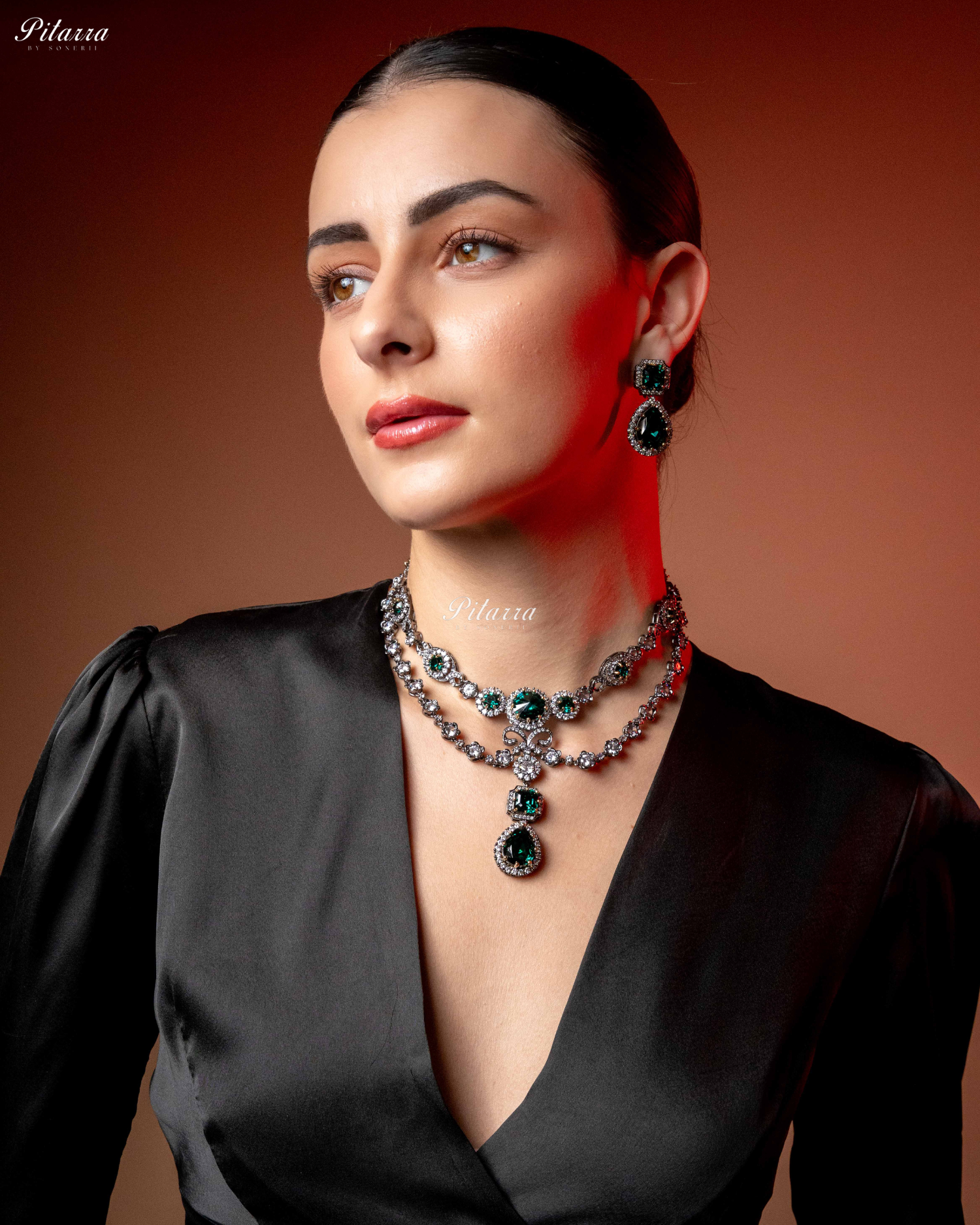 Emerald Two Layer Silver CZ victorian black polish Necklace Set