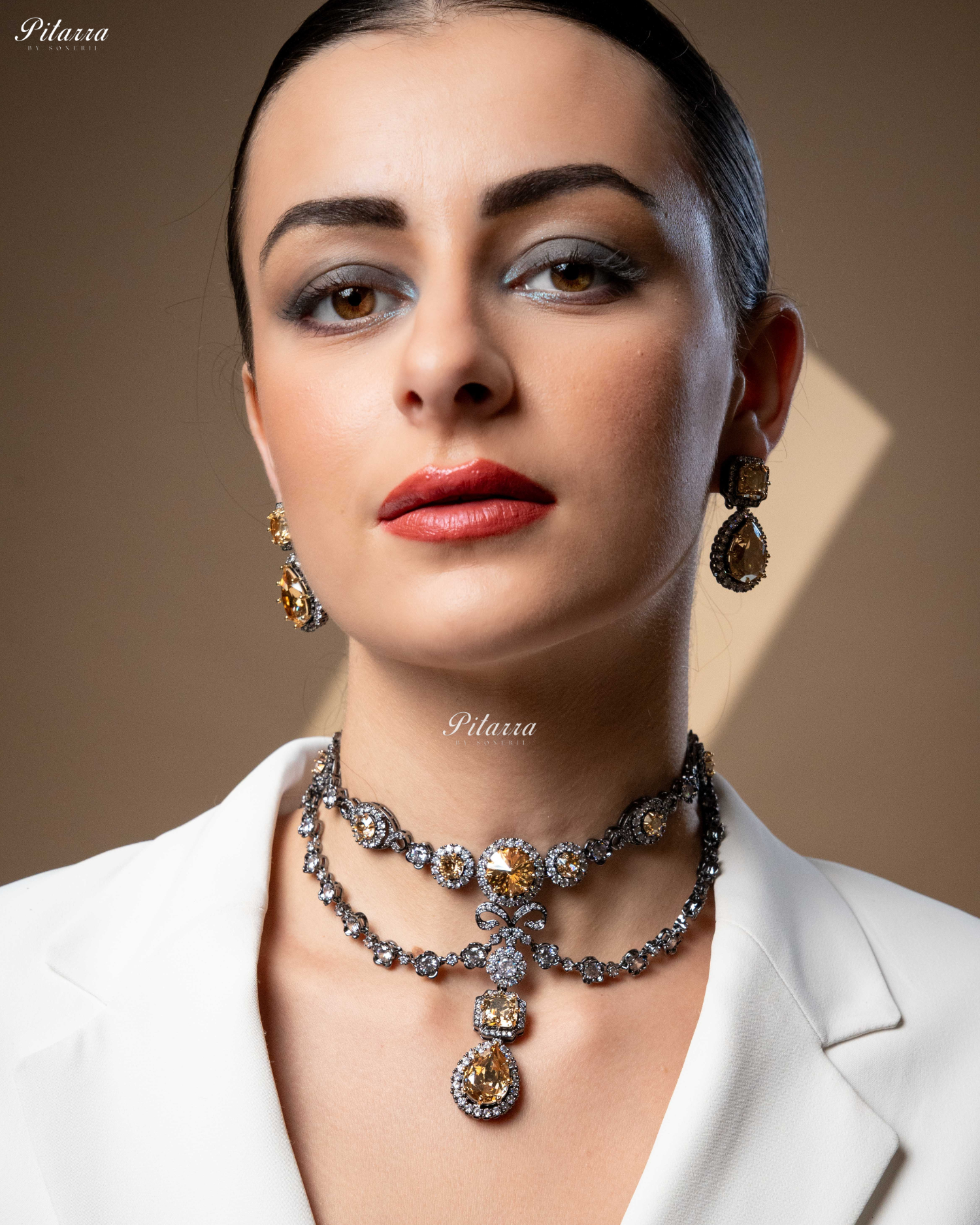Yellow Two Layer Silver CZ Victorian Black polish Necklace Set