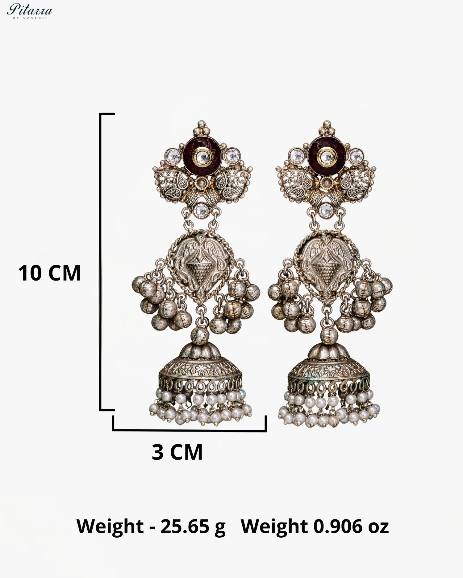 Maroon Stone Silver Look-Alike Pearl Jhumka Earrings