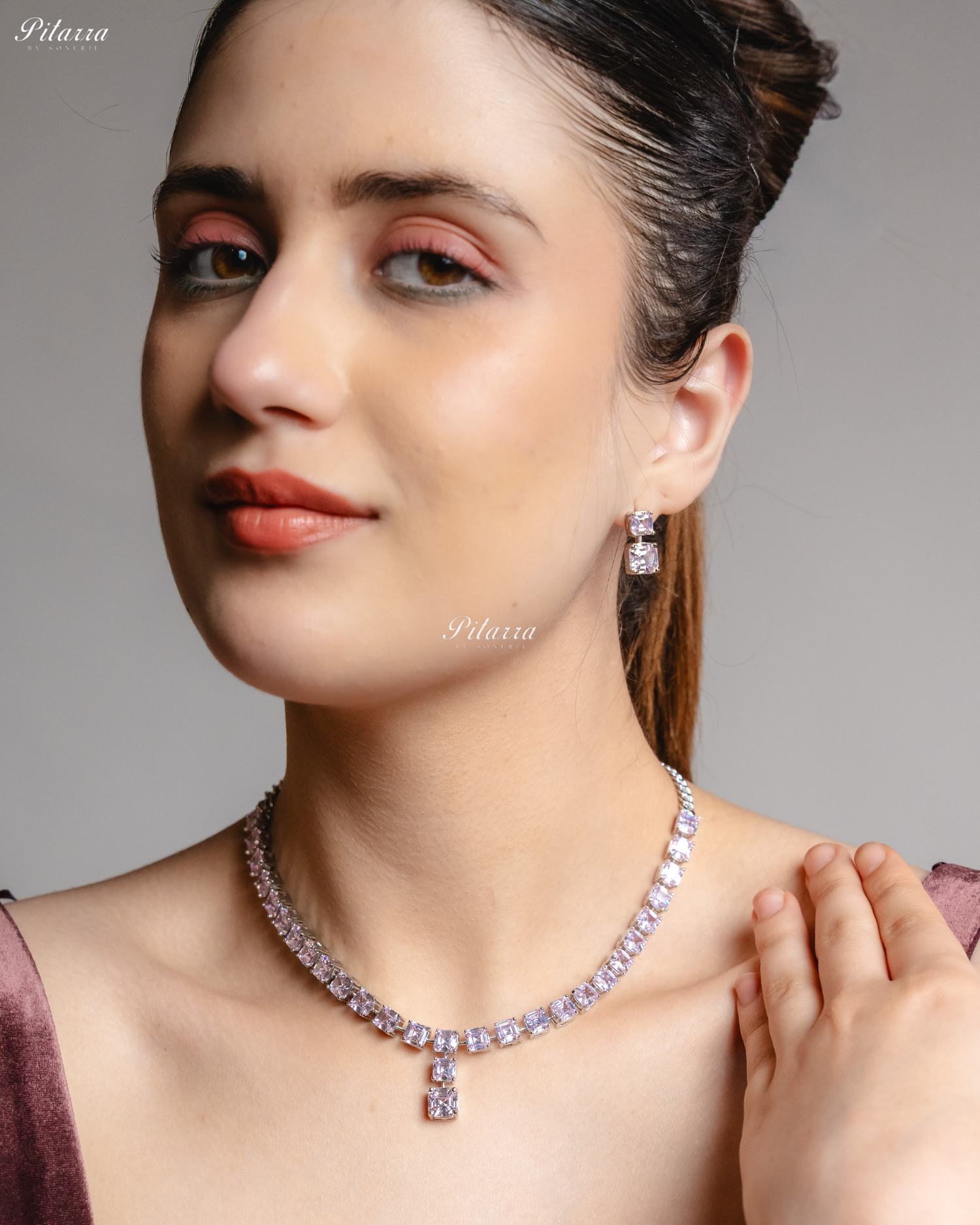 Pink Tone One Layer Square Drop Statement Necklace Set