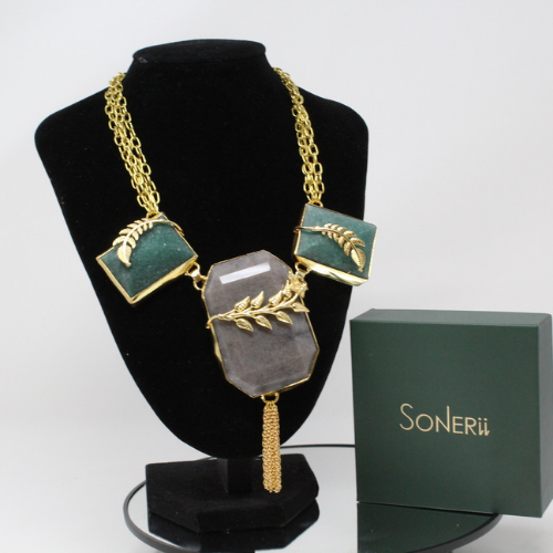 Gold Finish Green Brass Necklace with Tessal