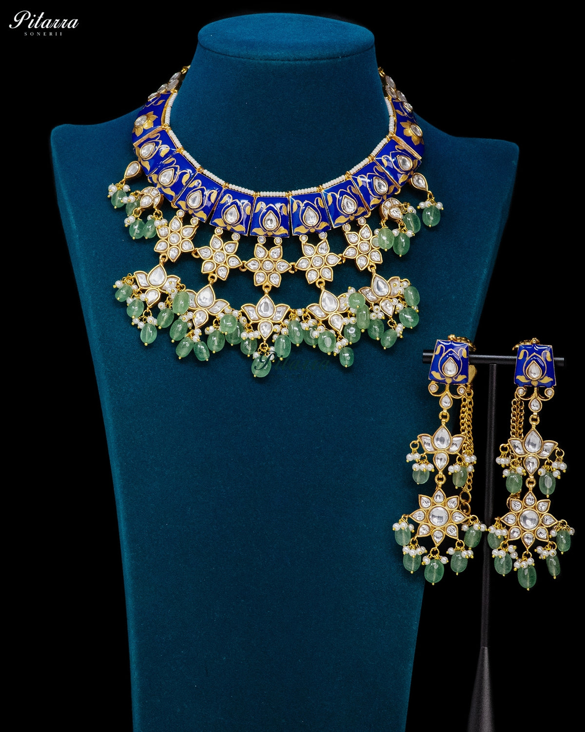 Blue & Green Floral Kundan Necklace Set