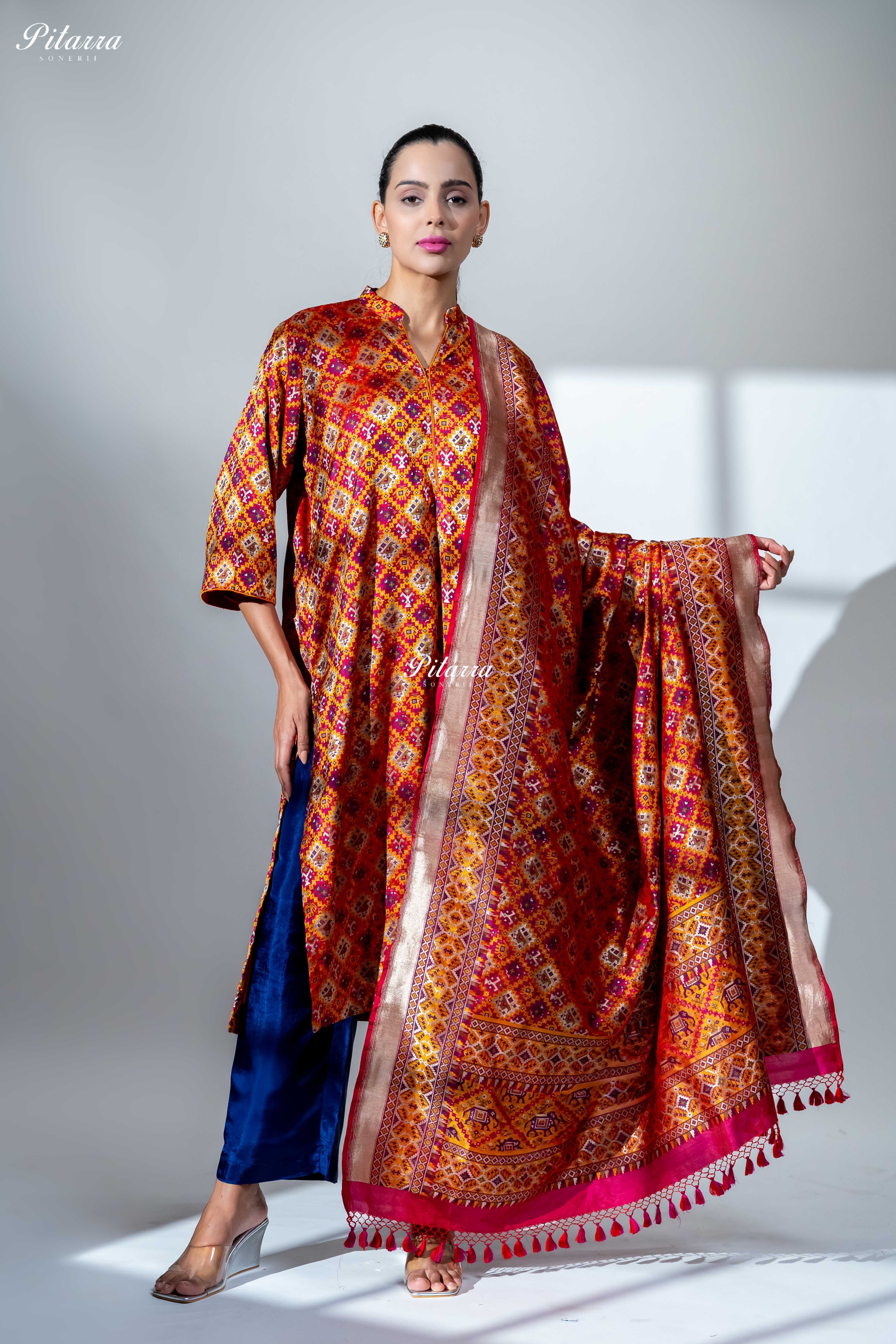 Rust Orange Printed Kurta Set with Blue Silk Pants With Dupatta