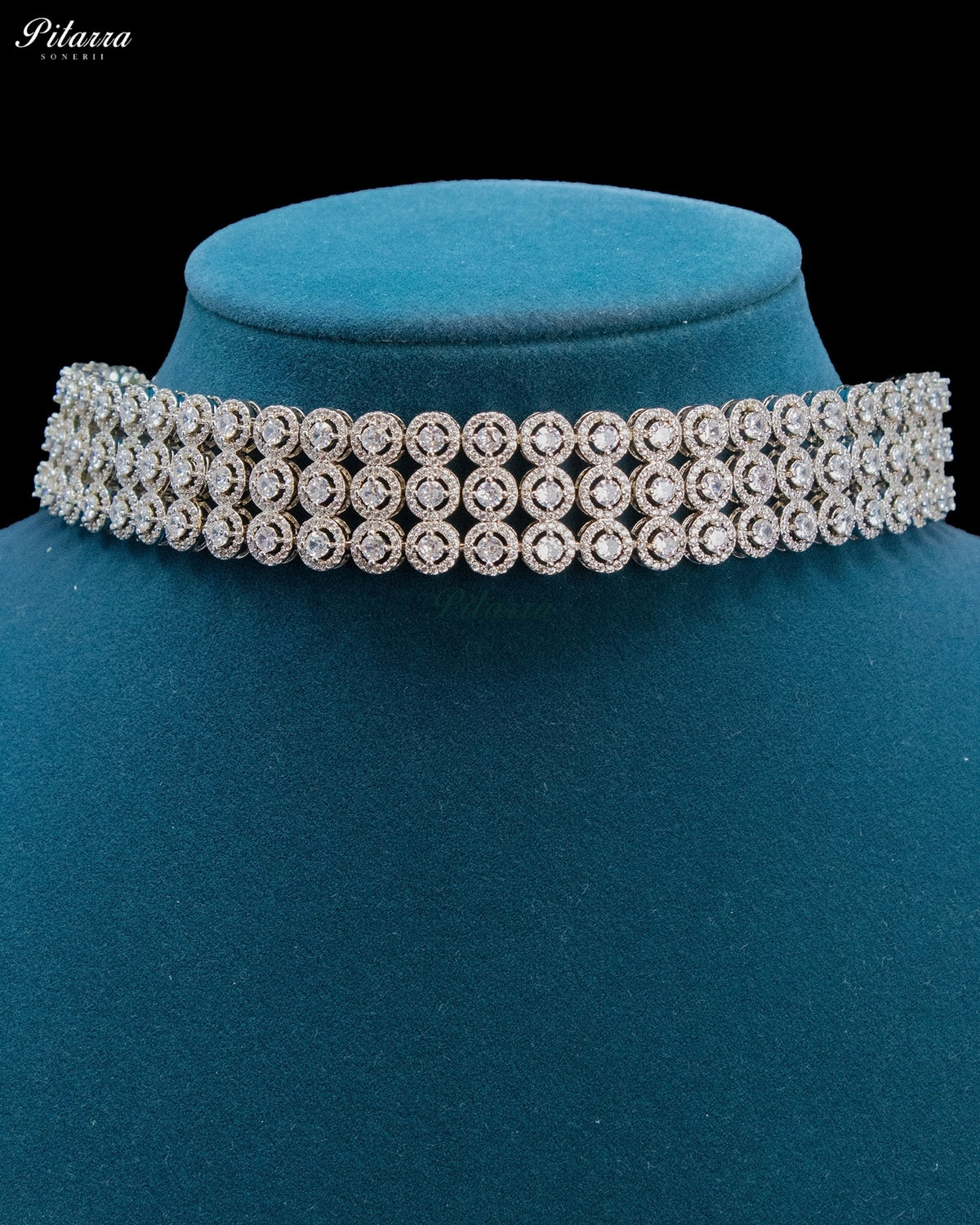White Round Zircon Silver Multi Row Crystal Choker Necklace Set