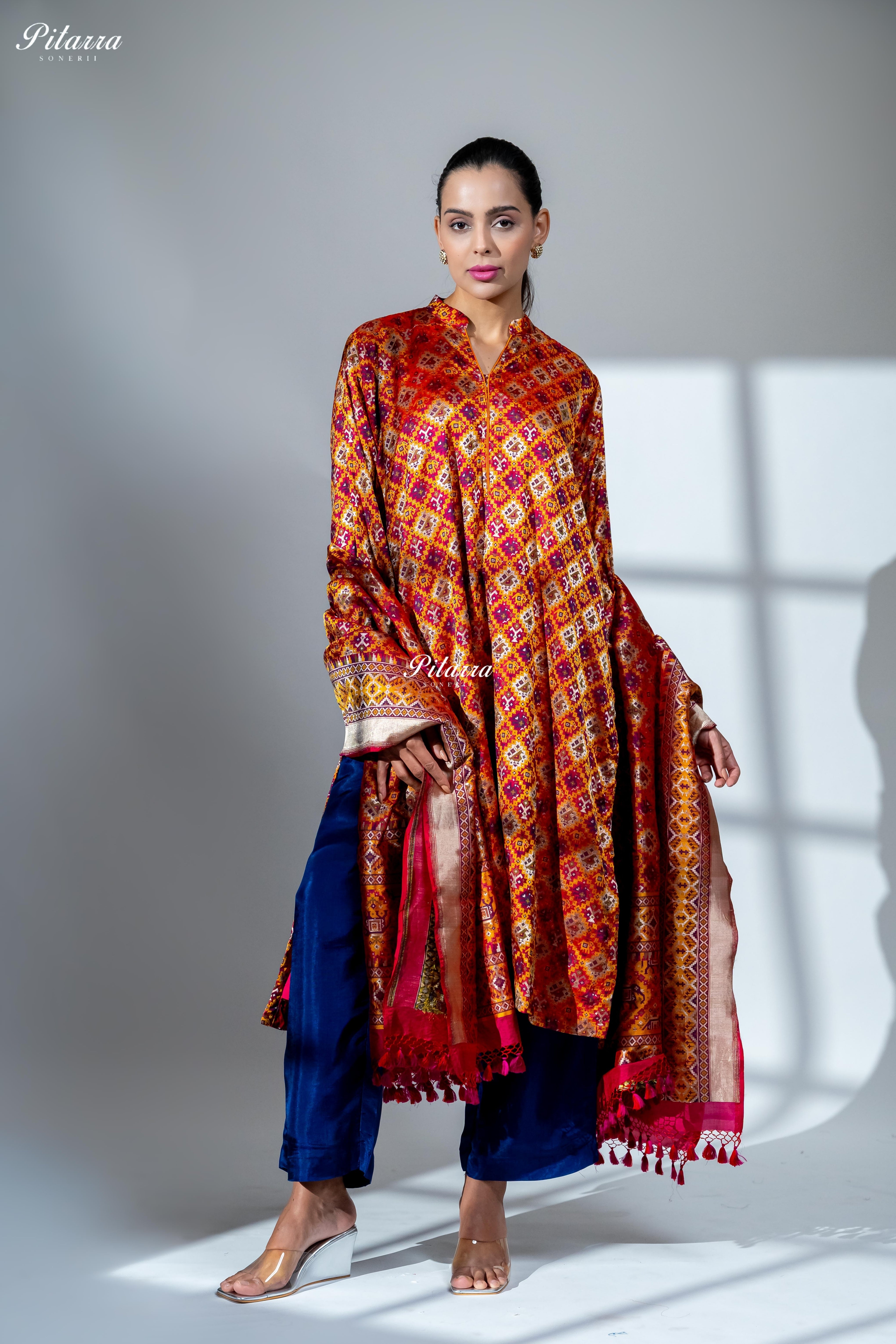 Rust Orange Printed Kurta Set with Blue Silk Pants With Dupatta