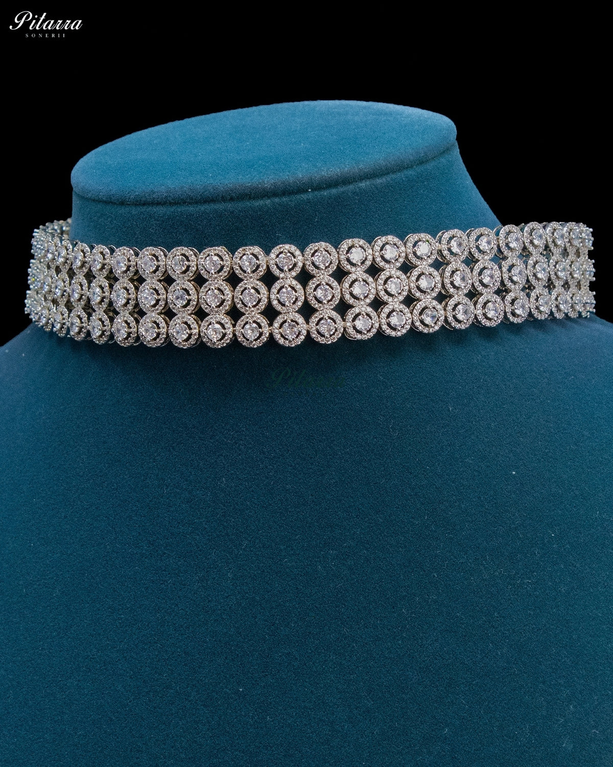 White Round Zircon Silver Multi Row Crystal Choker Necklace Set