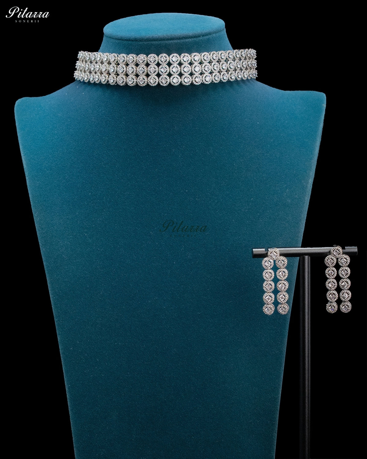 White Round Zircon Silver Multi Row Crystal Choker Necklace Set