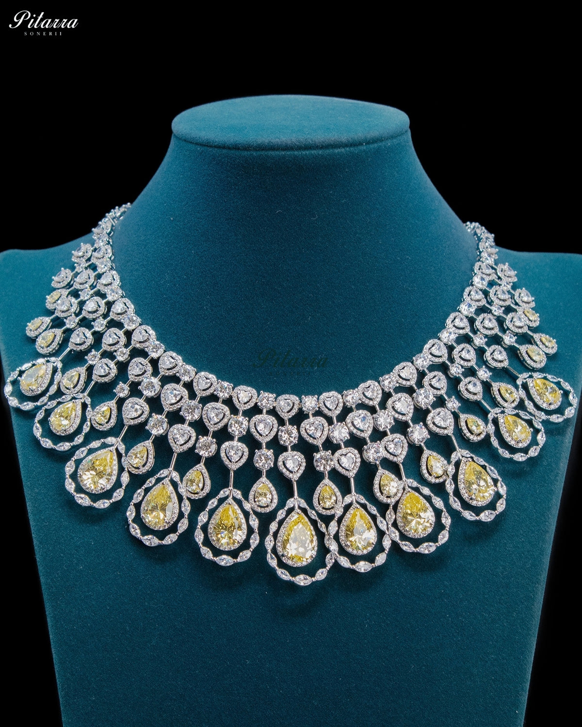 Citrine Yellow Pear Cut Stone Zircon Silver Crystal Statement Necklace Set