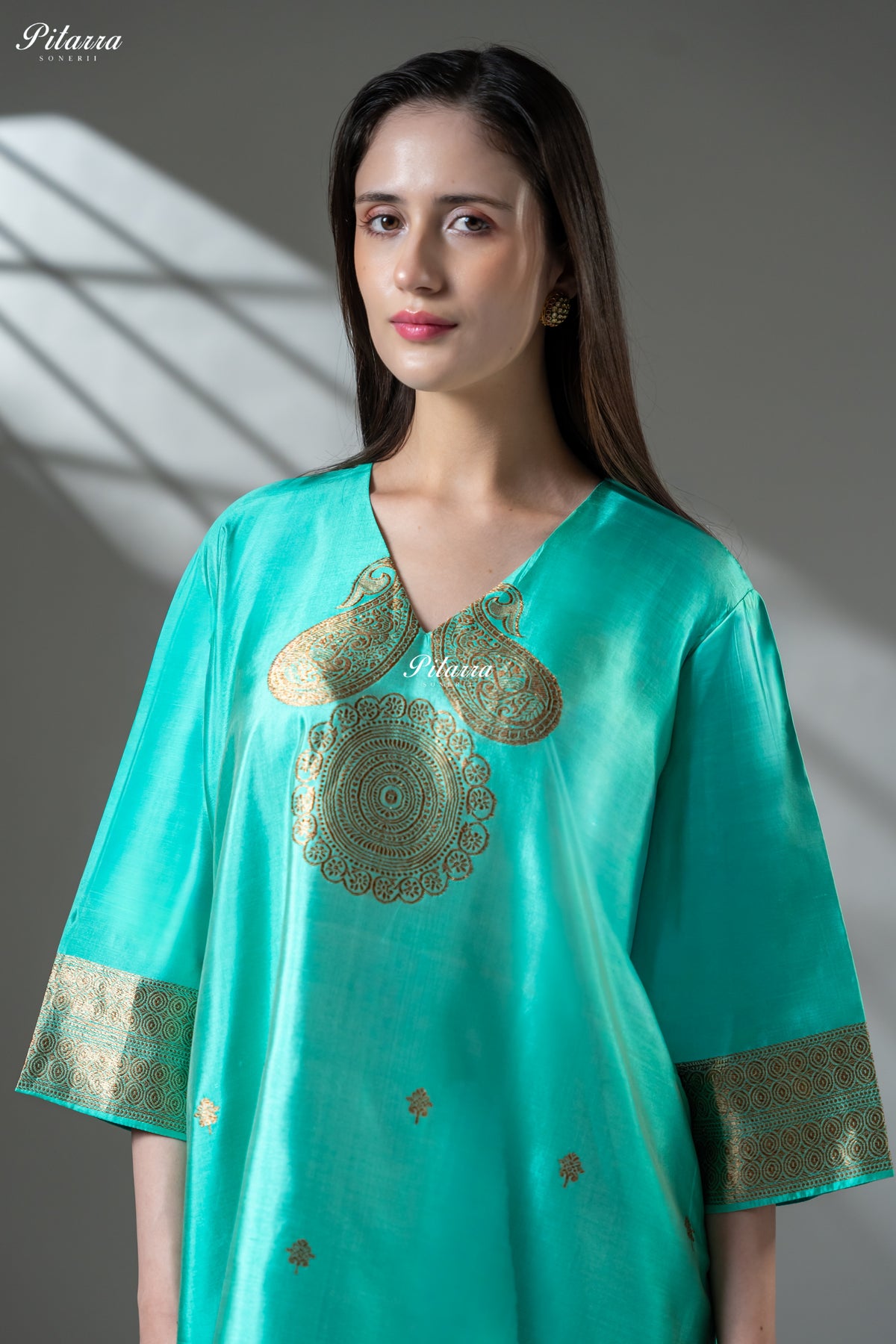Turquoise Blue Gold Zari Embroidered Kurta Palazzo Set