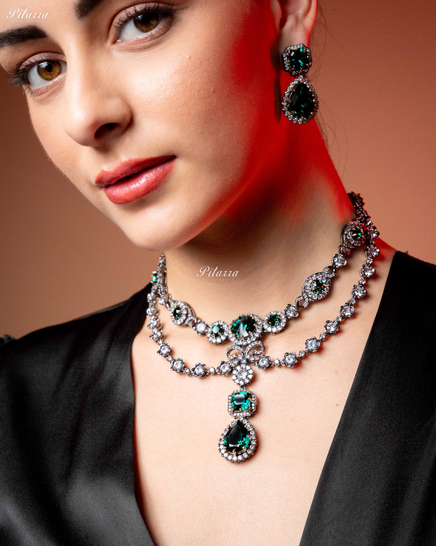 Emerald Two Layer Silver CZ victorian black polish Necklace Set