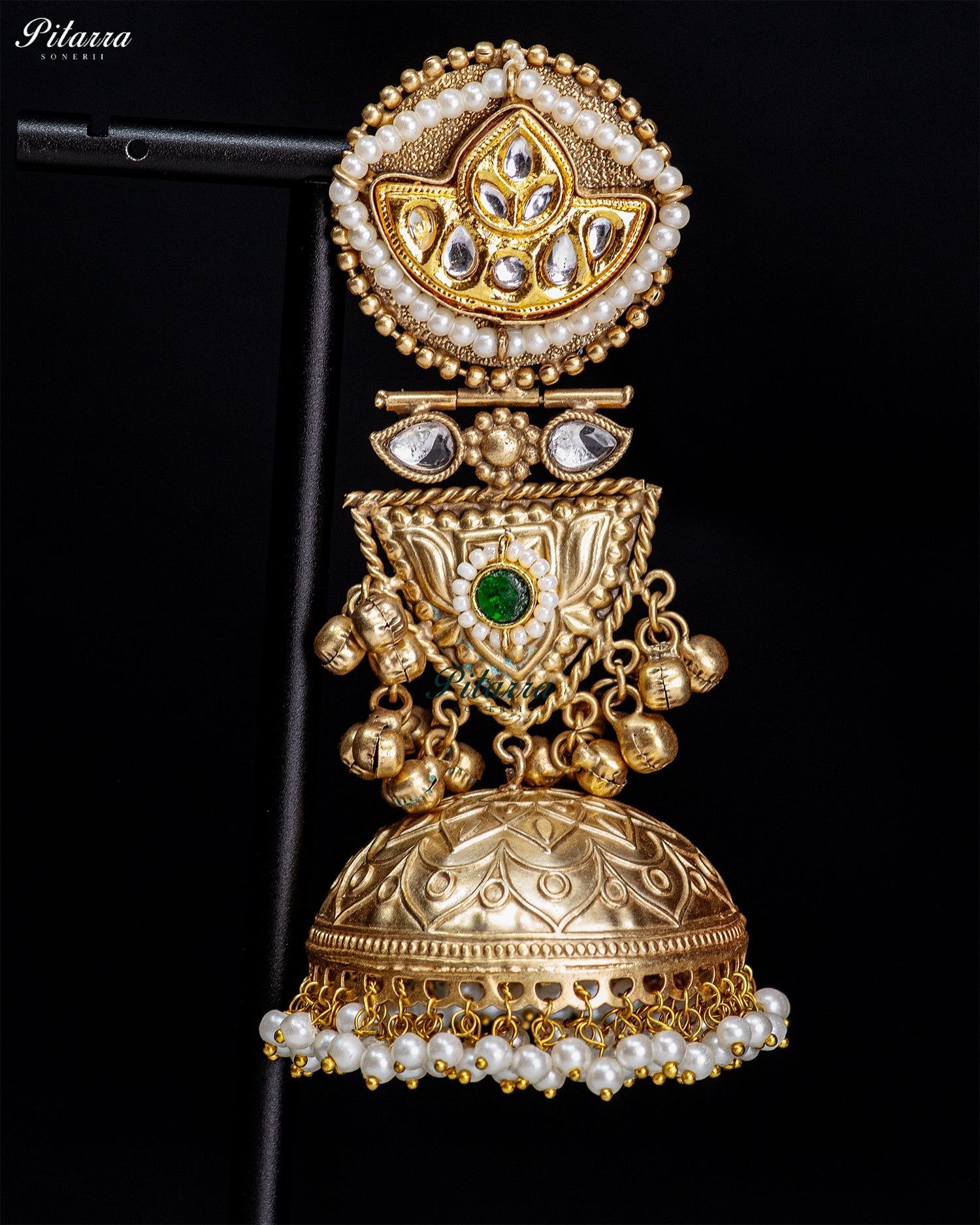 Green Stone Gold-Tone Pearl Jhumka Earrings
