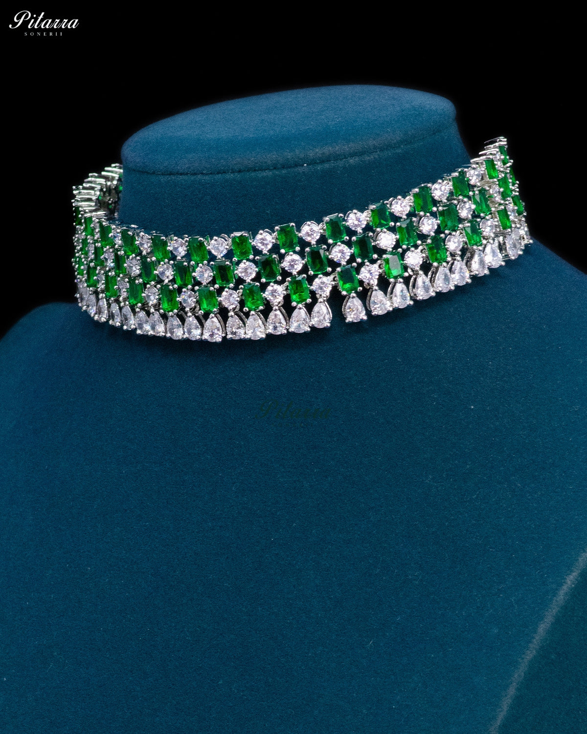 Emerald Green Emerald Cut Stone Zircon Silver Crystal Choker Necklace Set