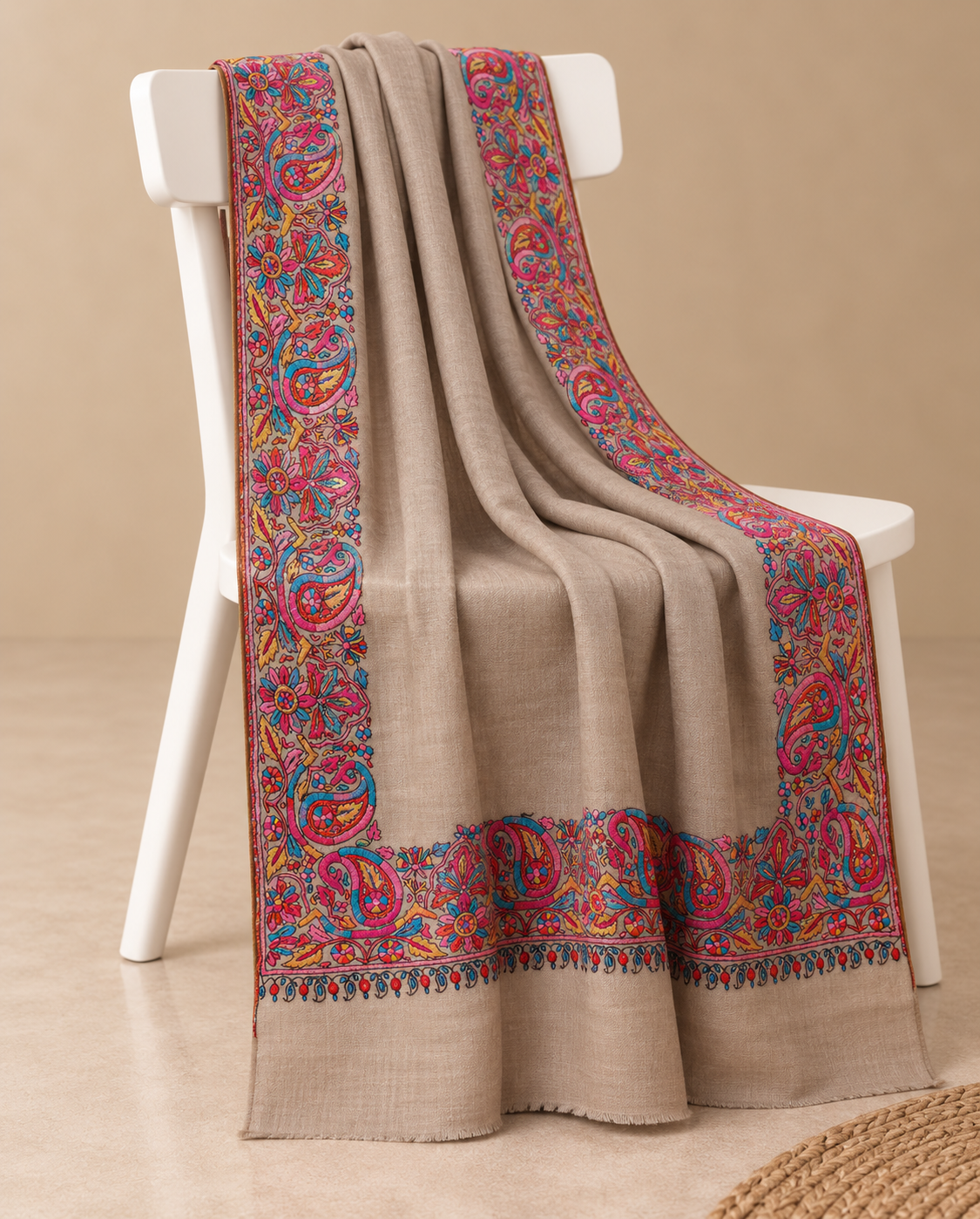 Beige Multicolor Paisley Floral Border Pashmina Shawl