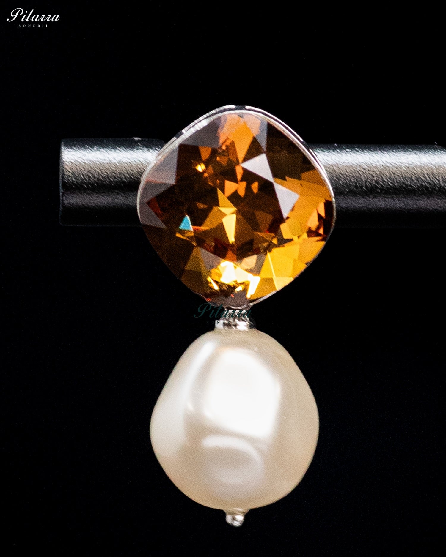 Dark Golden Amber Crystal Pearl Drop Earrings