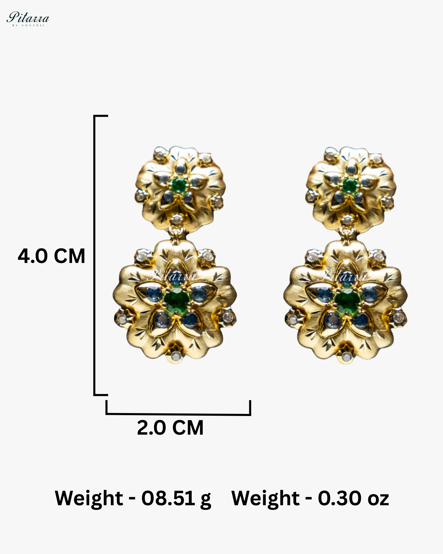 Gold Floral Green Stone 92.5 Silver Dangler Earrings