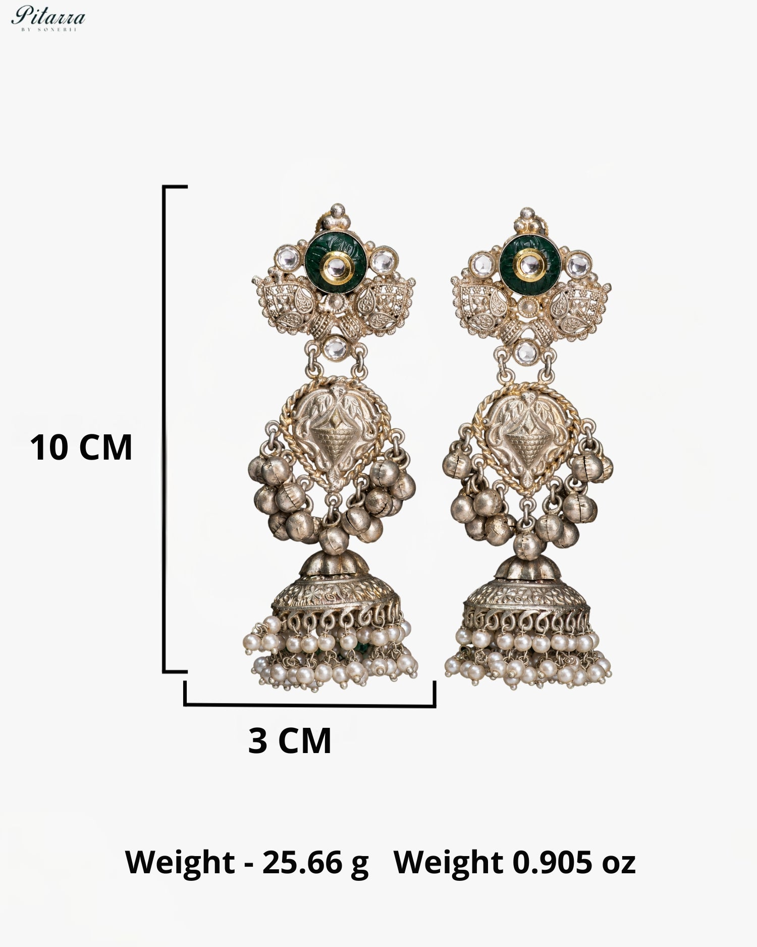 Green Stone Silver Look-Alike Pearl Jhumka Earrings