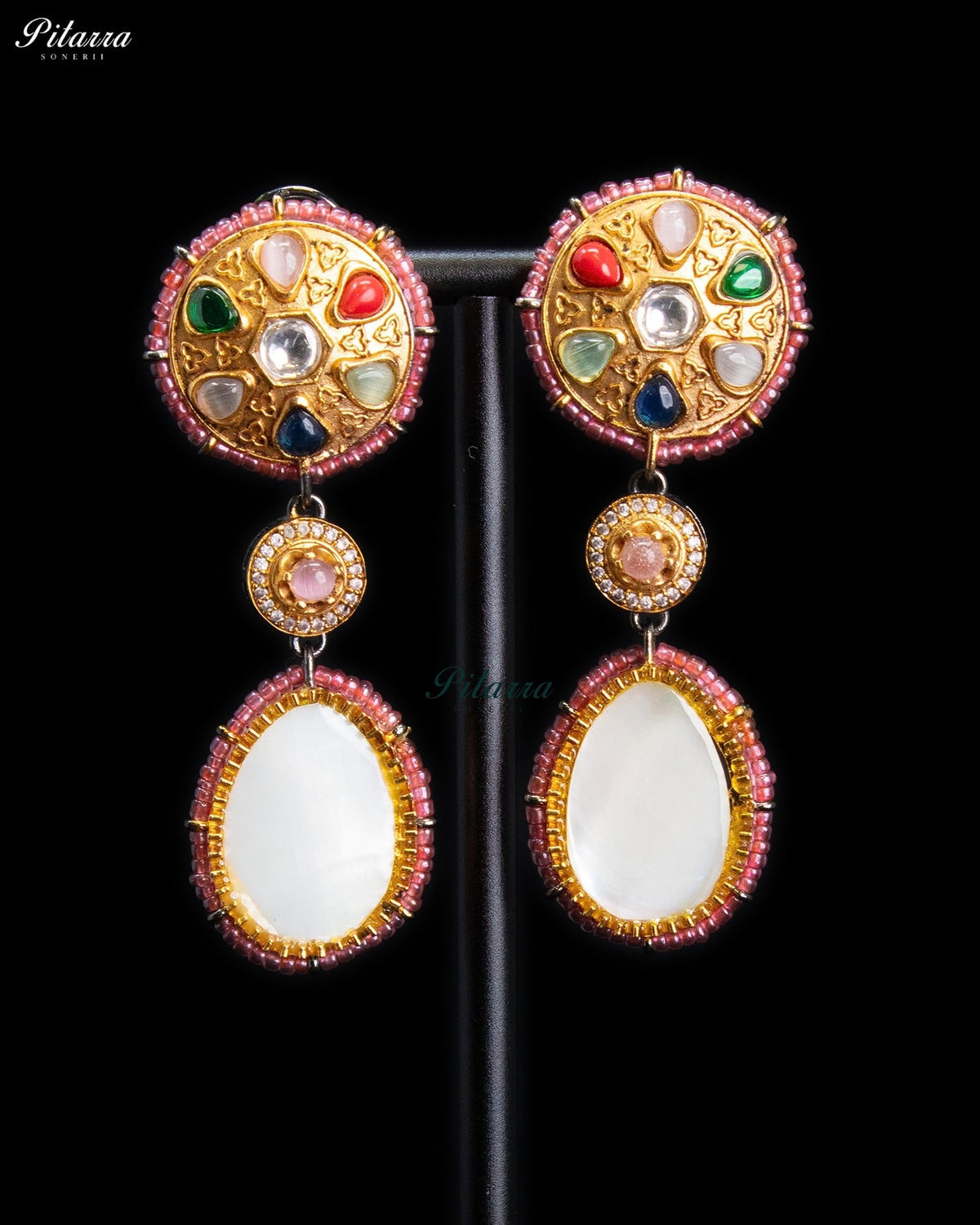 Royal Navratna Inspired Multicolor Kundan Gold Tone Dangler Earrings - Blush Pink