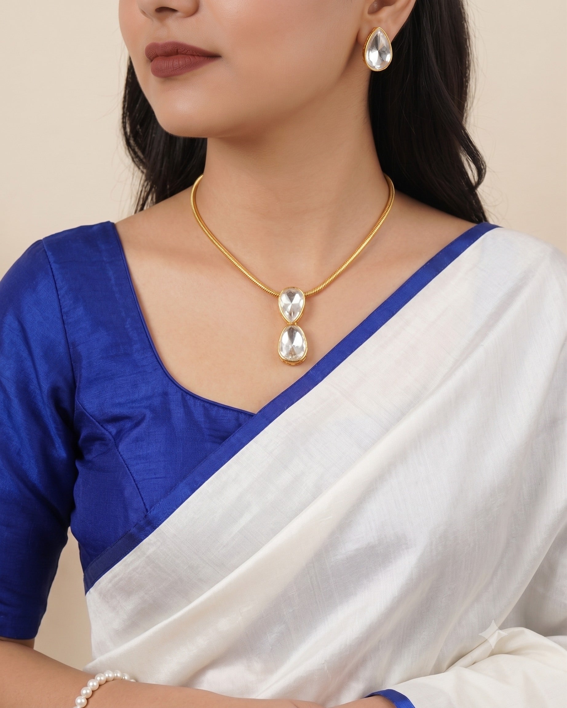 Gold Moissanite Doublet Kundan Pendant Set
