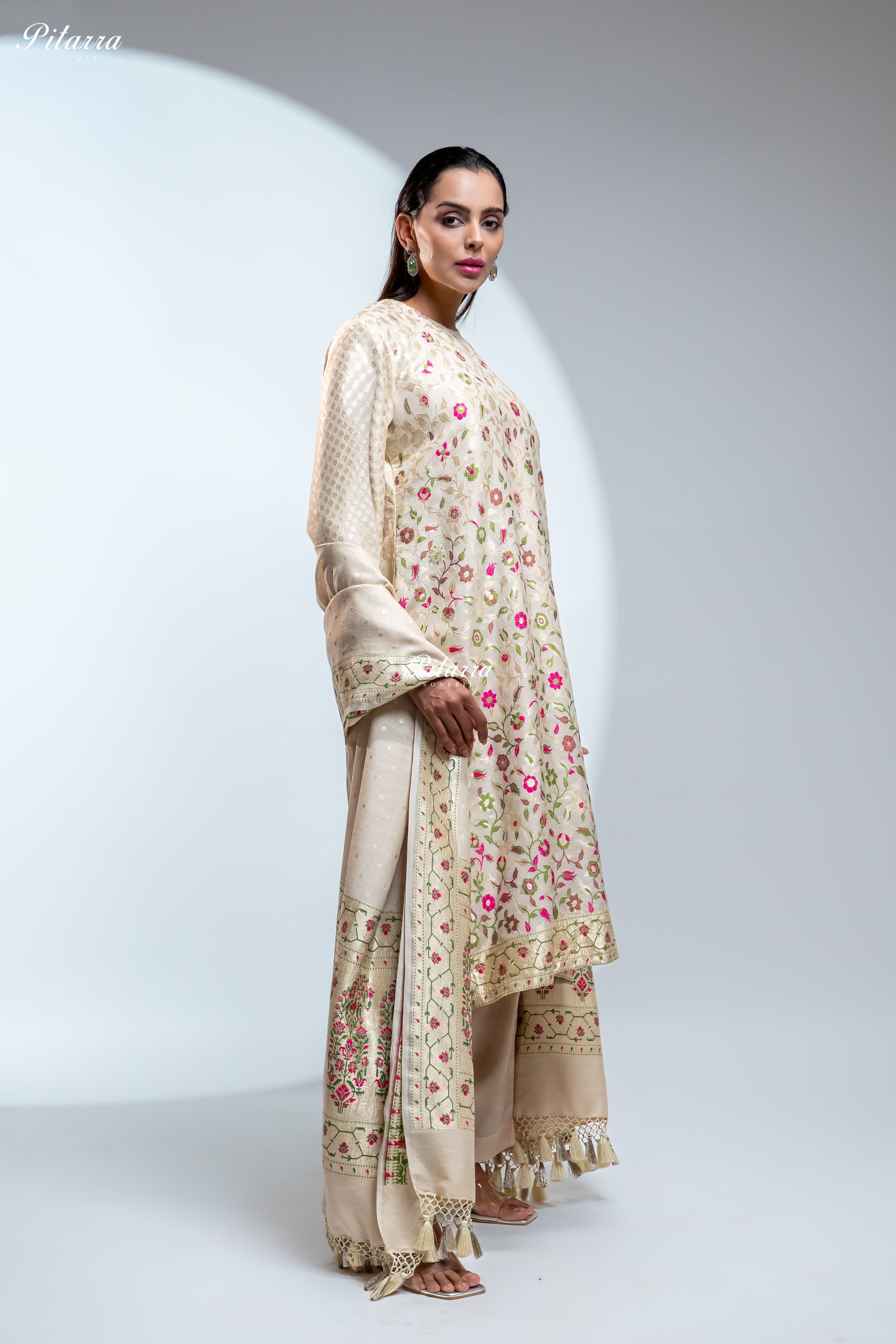 Cream Floral Brocade Kurta Set with Matching Pants With Dupatta