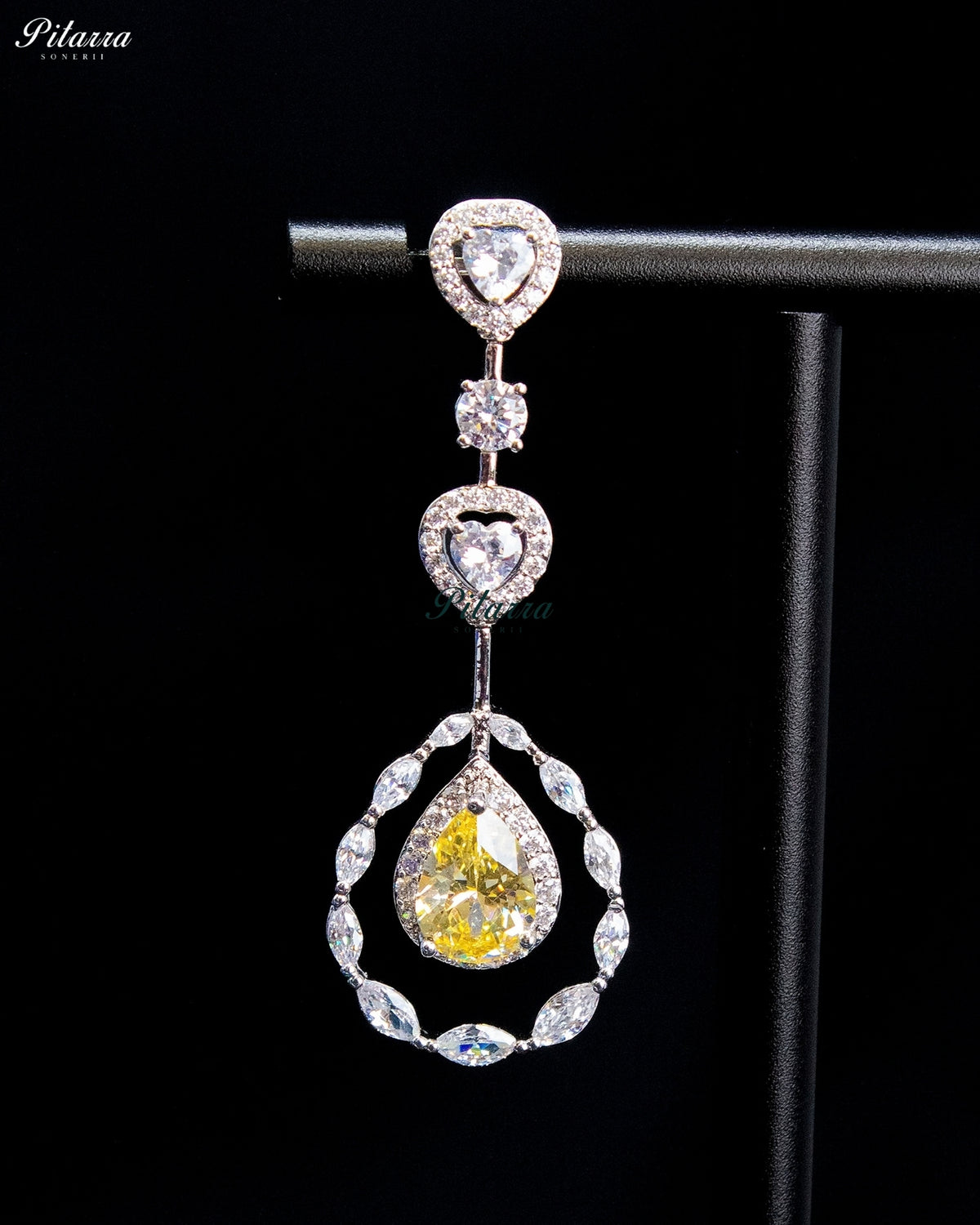 Citrine Yellow Pear Cut Stone Zircon Silver Crystal Statement Necklace Set
