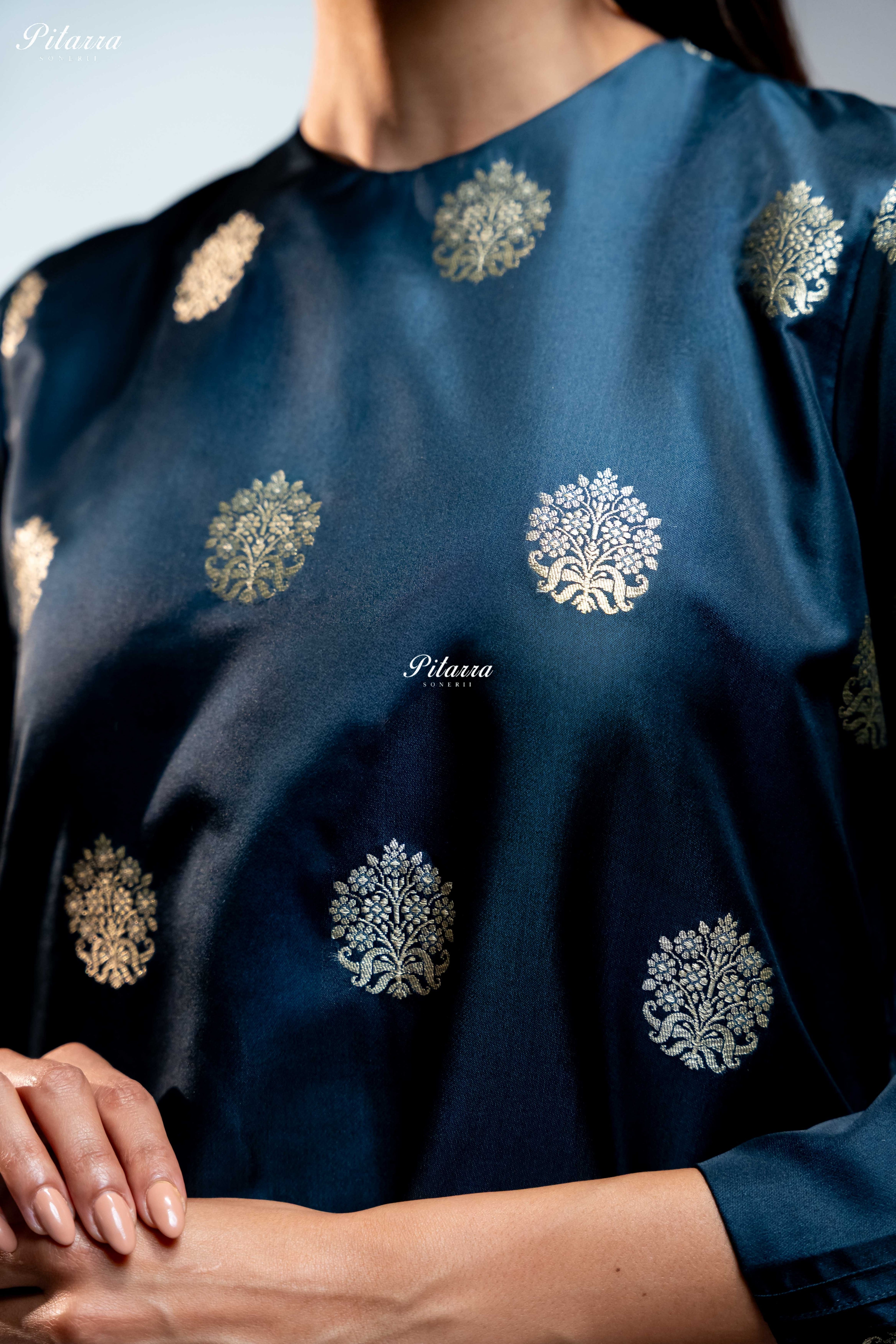Navy Blue Silk Kurta Set with Gold Motifs and Matching Dupatta