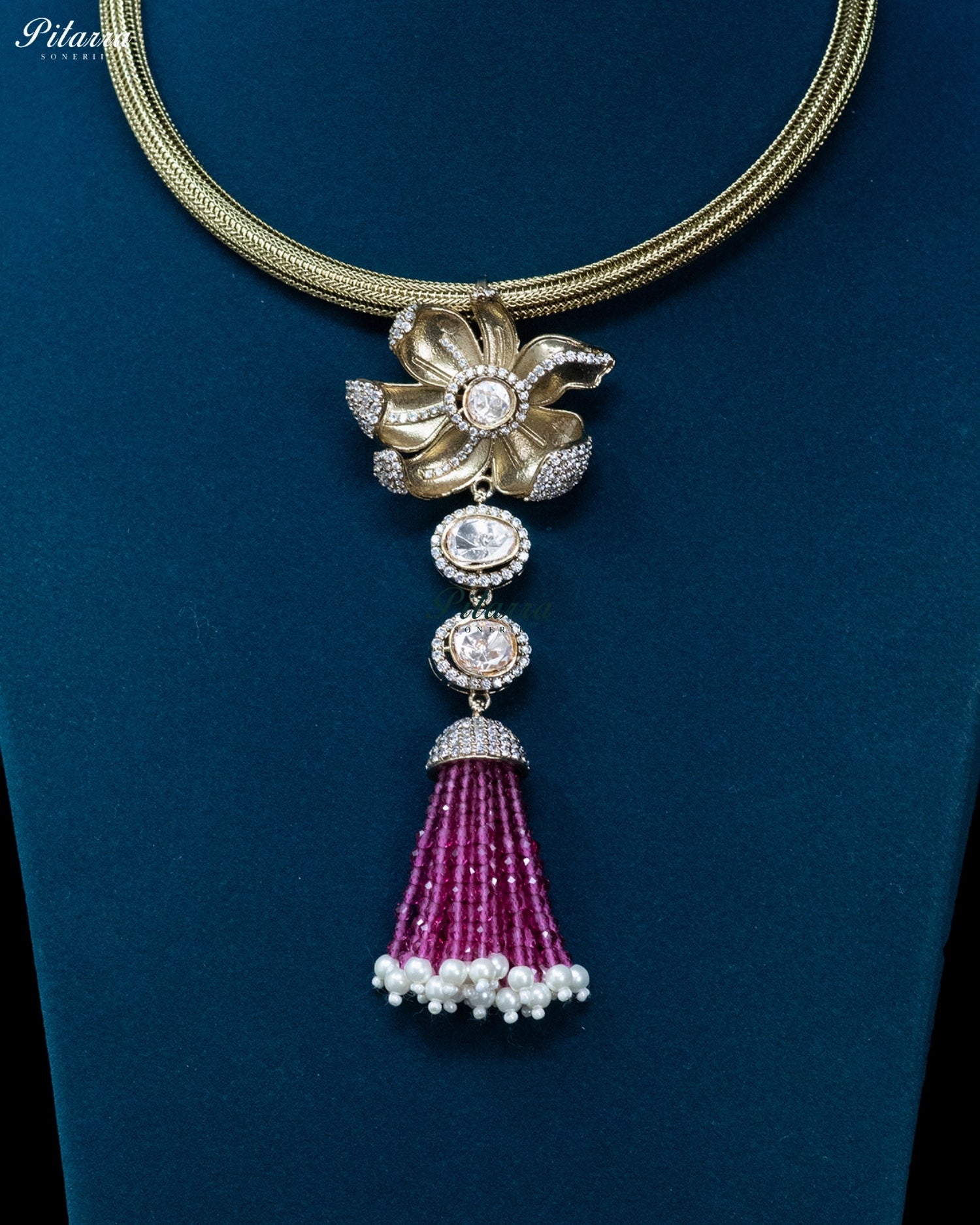 Pink Gold Floral Magenta Tassel Necklace Set