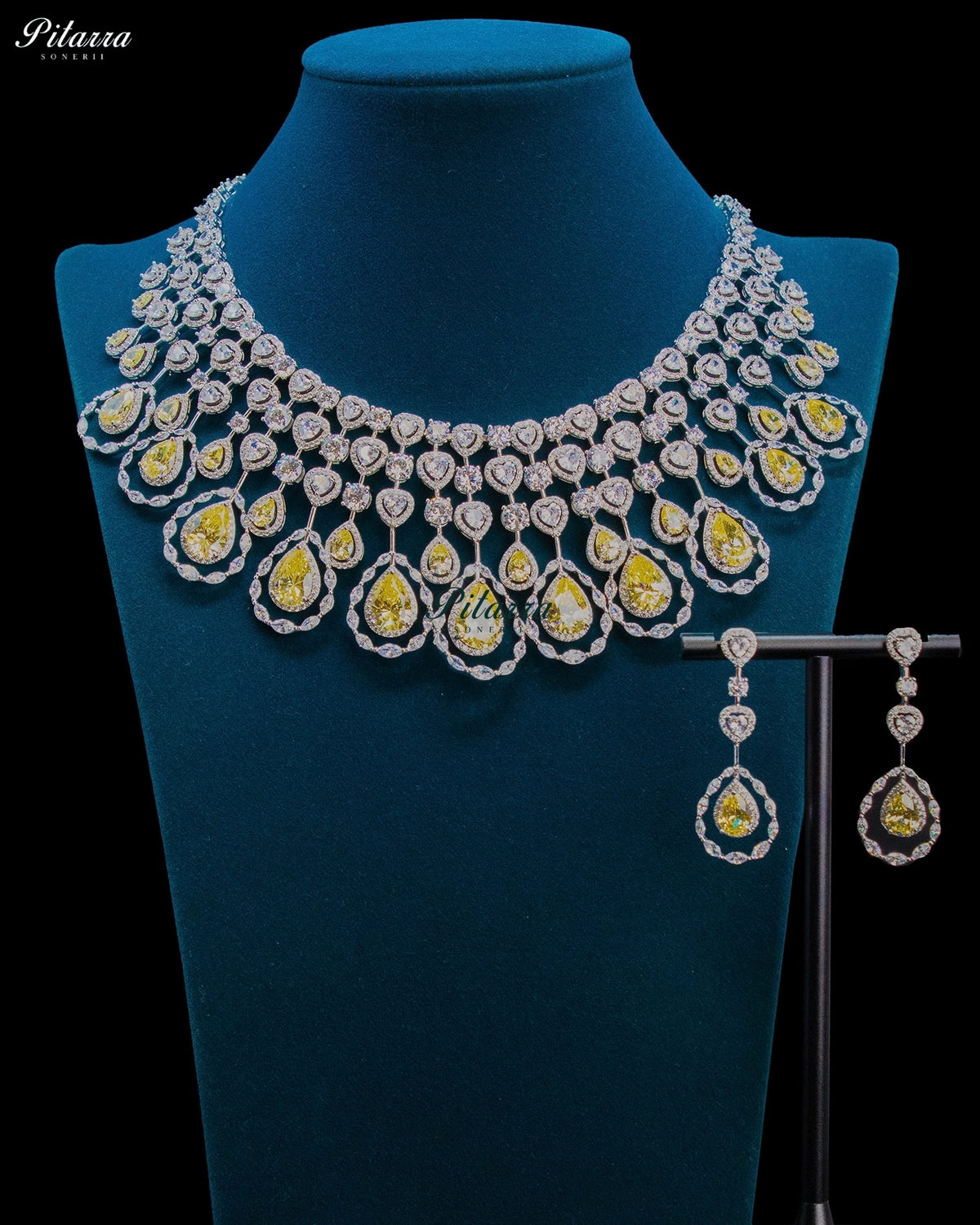 Citrine Yellow Pear Cut Stone Zircon Silver Crystal Statement Necklace Set
