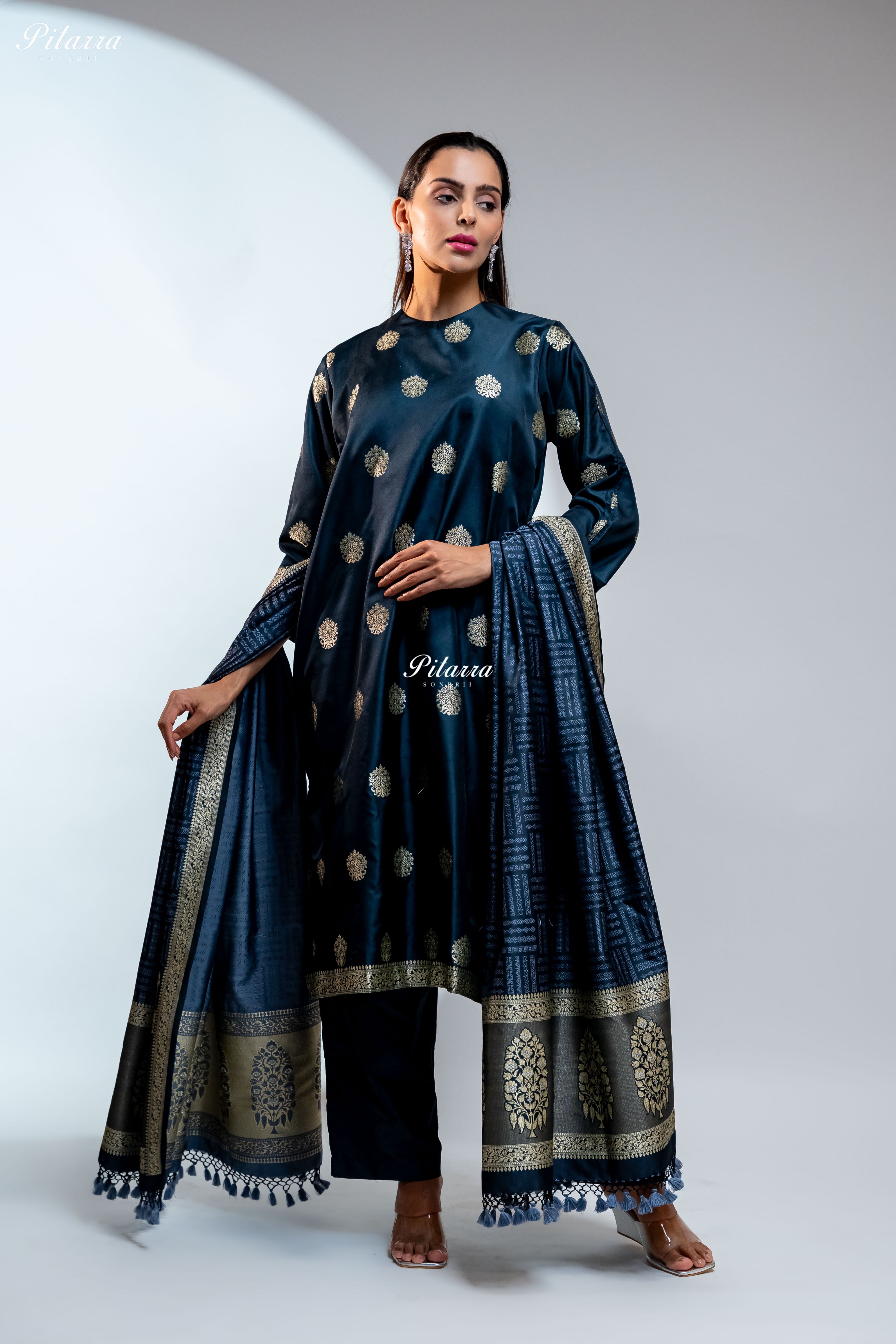 Navy Blue Silk Kurta Set with Gold Motifs and Matching Dupatta